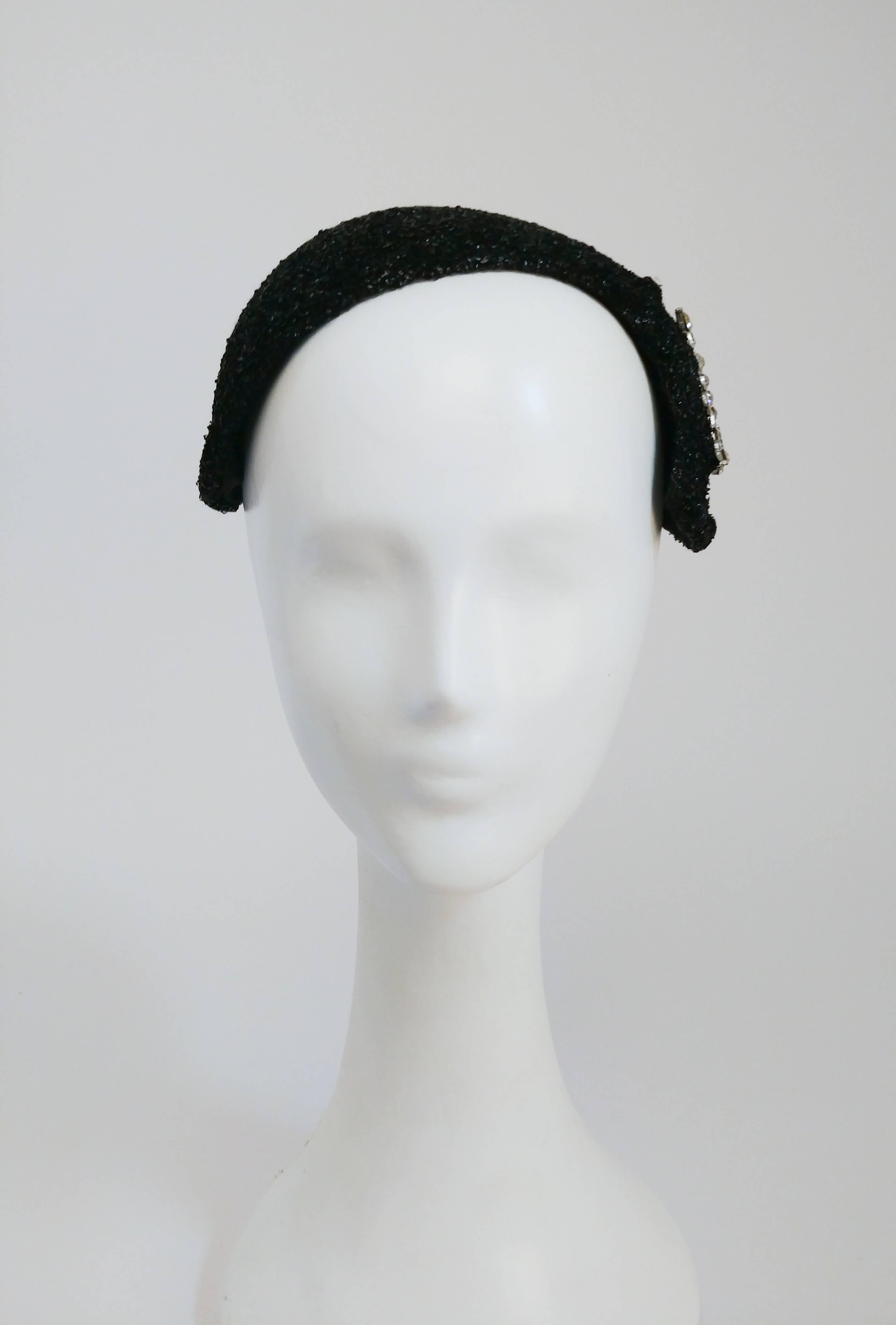 1950s Black I. Magnin Cocktail Hat with Rhinestone Crescent Moon In Good Condition In San Francisco, CA