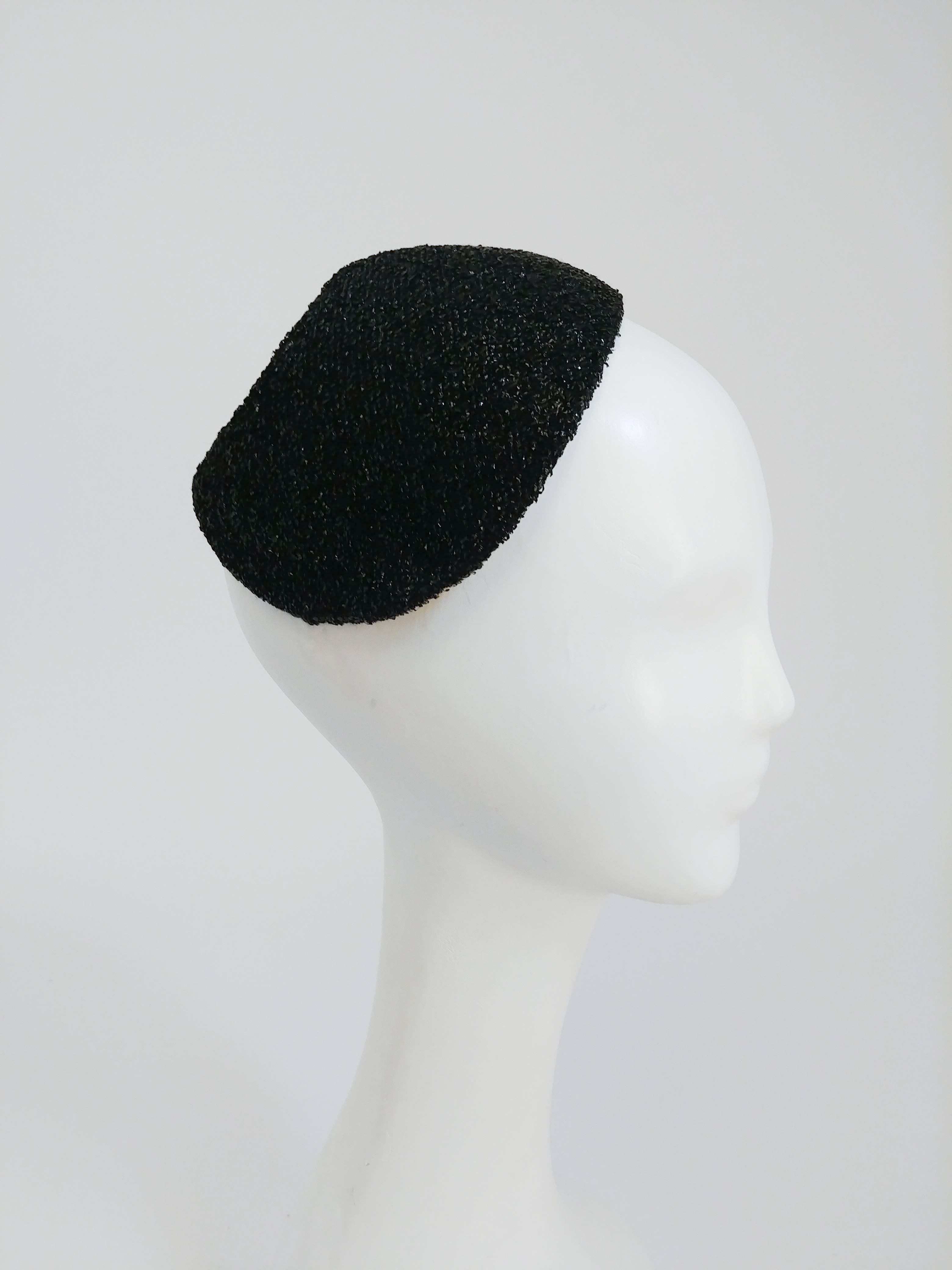 Women's 1950s Black I. Magnin Cocktail Hat with Rhinestone Crescent Moon