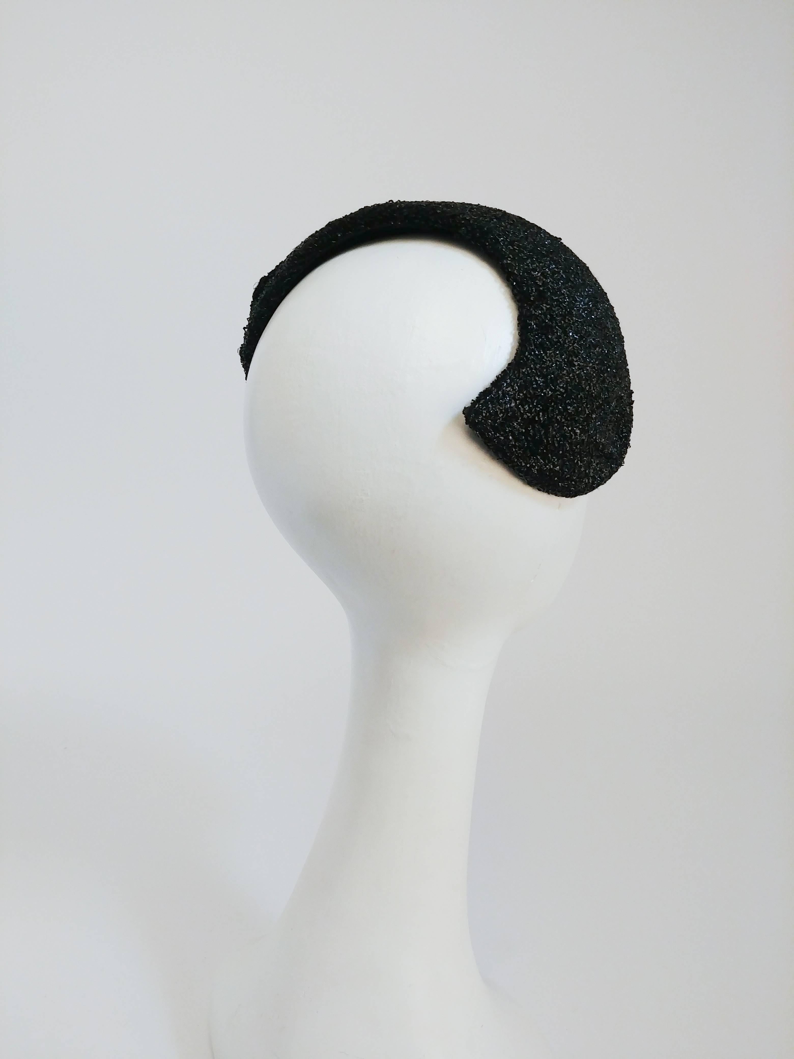 1950s Black I. Magnin Cocktail Hat with Rhinestone Crescent Moon 1