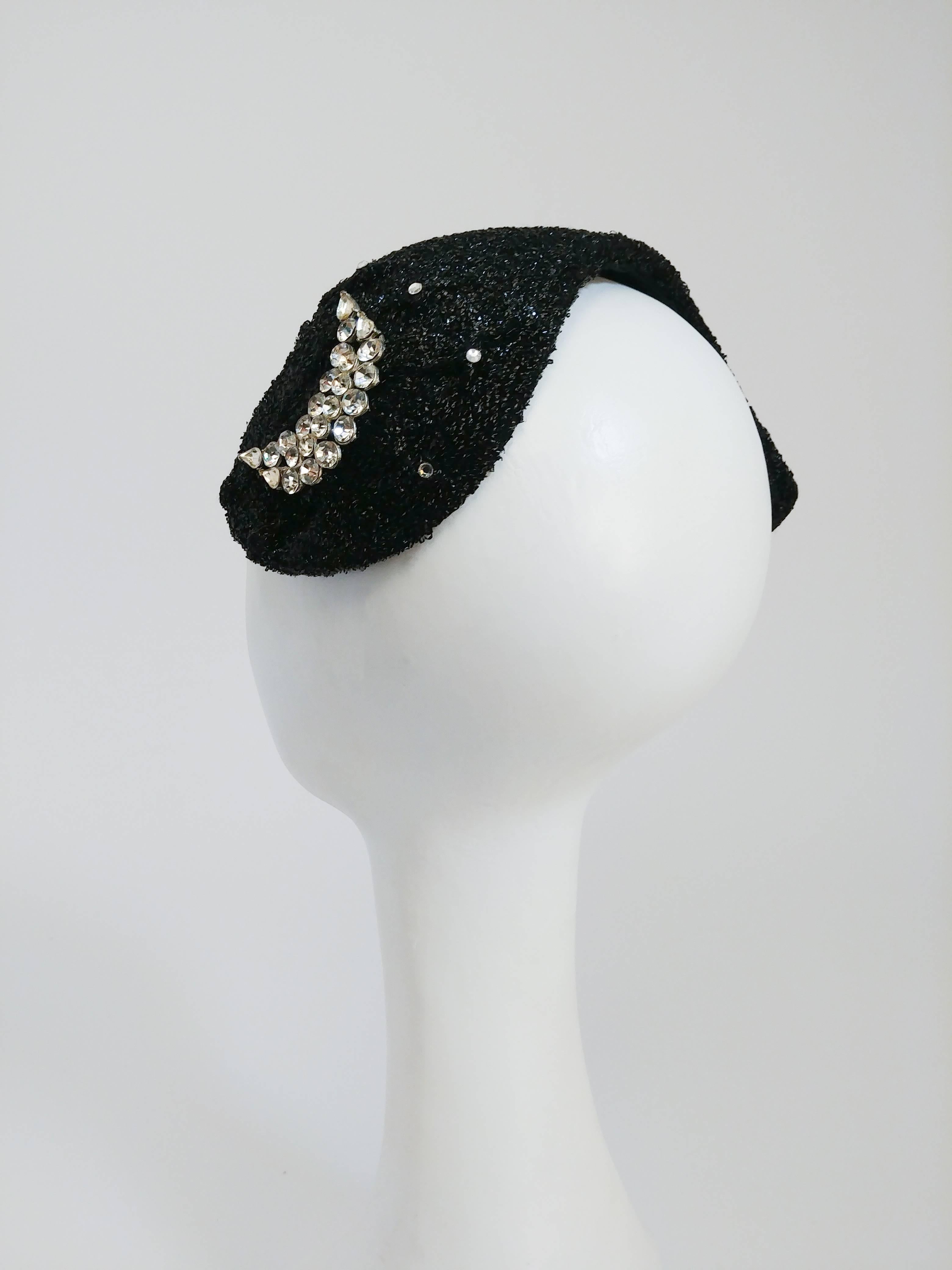 1950s Black I. Magnin Cocktail Hat with Rhinestone Crescent Moon 2