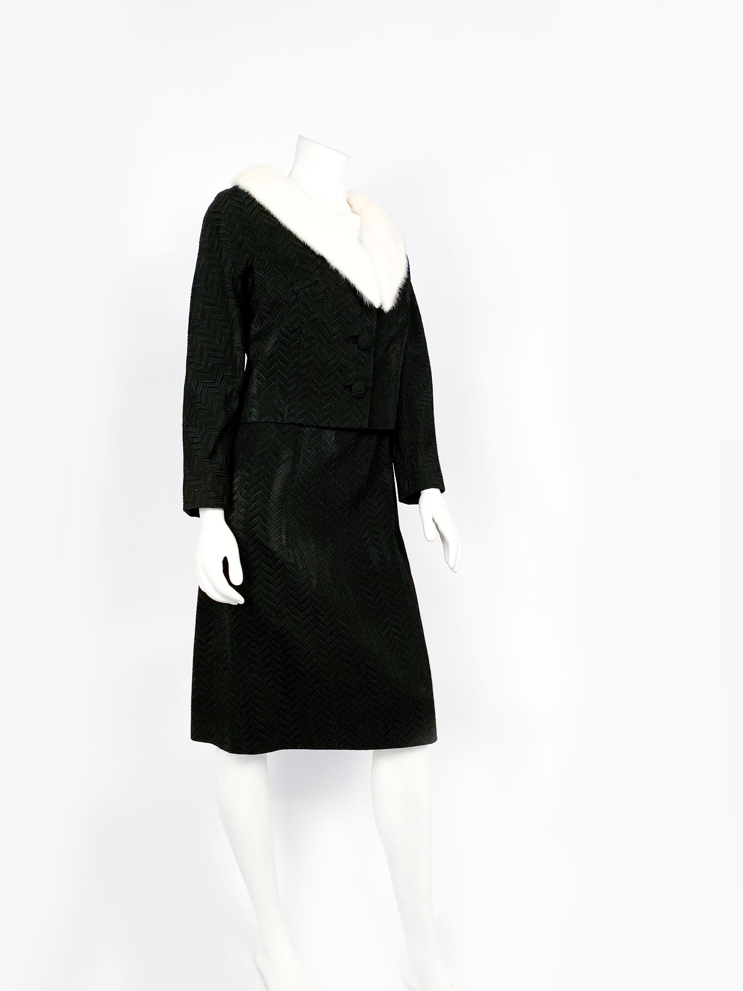 Women's 1950s Black Jacquard Dress with Matching Mink-collared Jacket For Sale