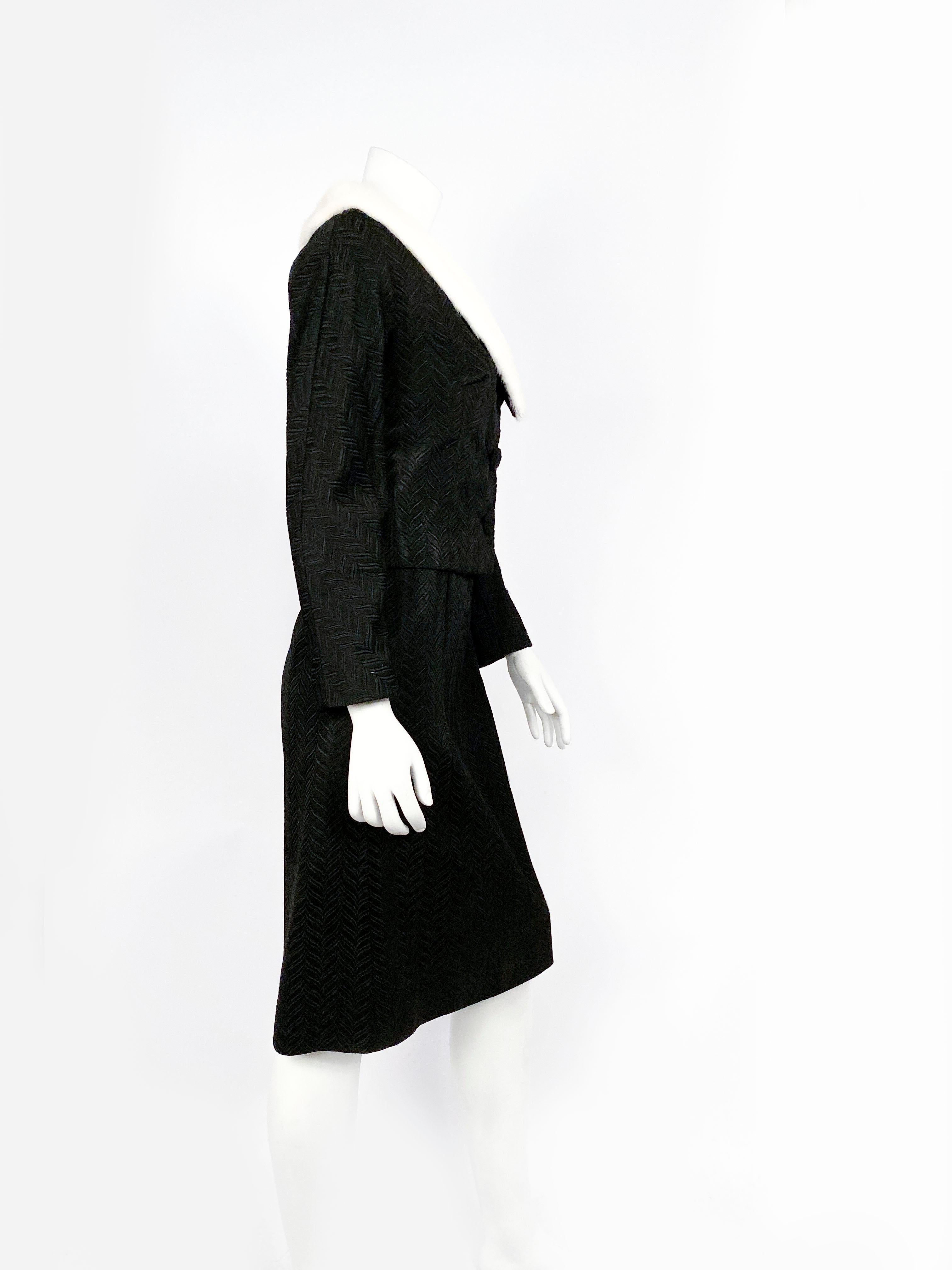 1950s Black Jacquard Dress with Matching Mink-collared Jacket For Sale 1