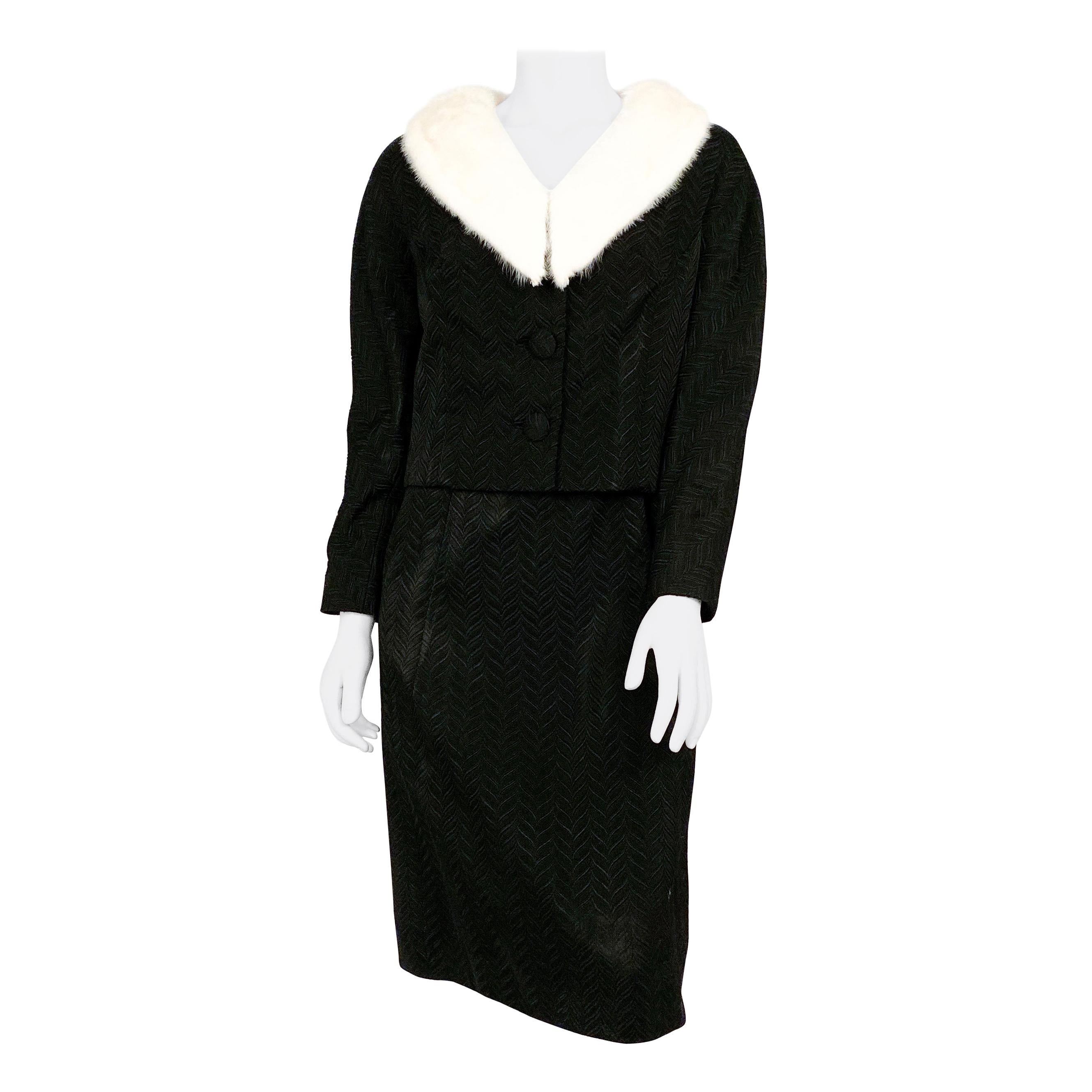 1950s Black Jacquard Dress with Matching Mink-collared Jacket For Sale