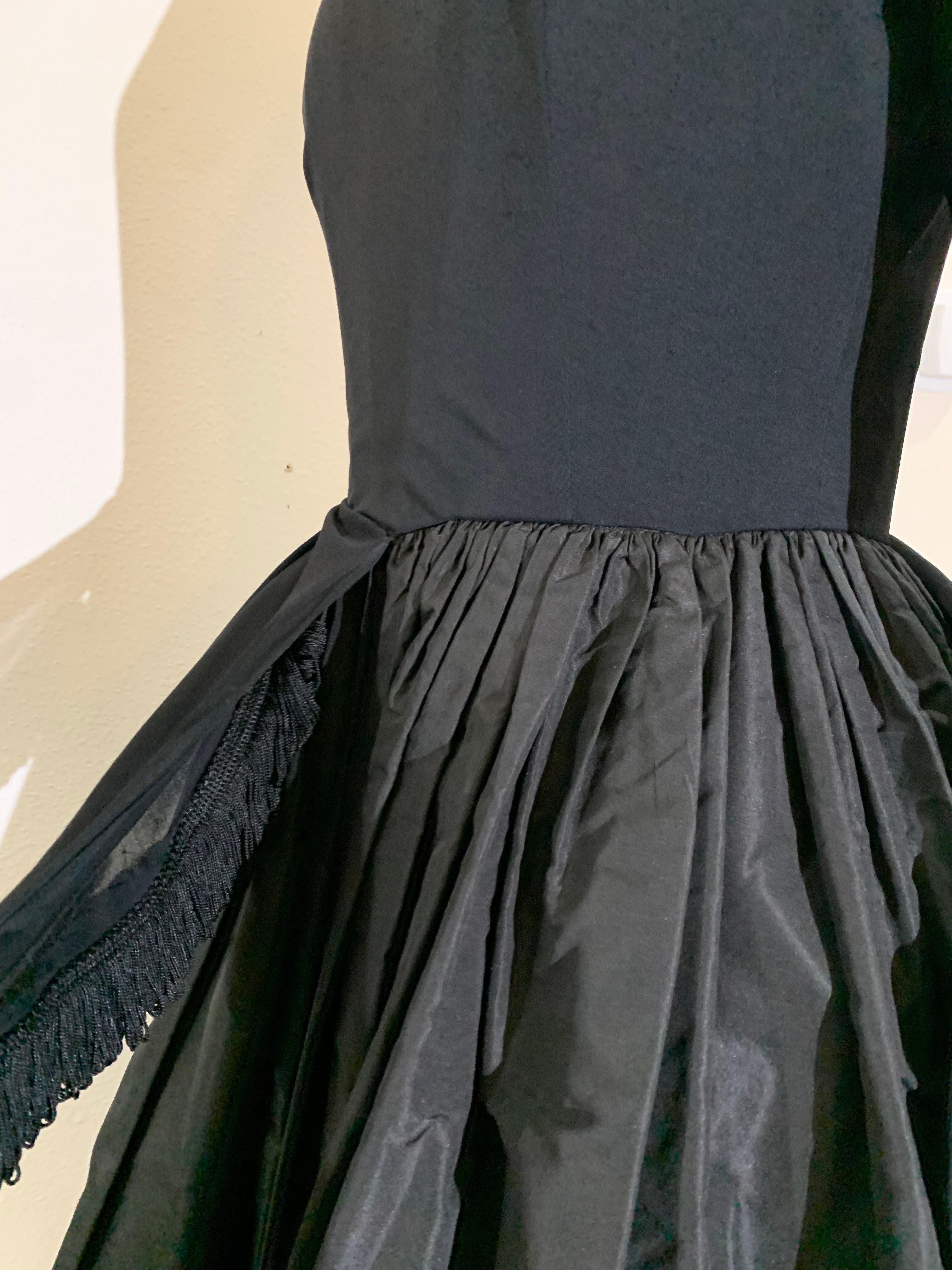 1950s Black Jersey & Taffeta Dress w Fringed Dropped-Waist Bodice & Circle Skirt For Sale 9