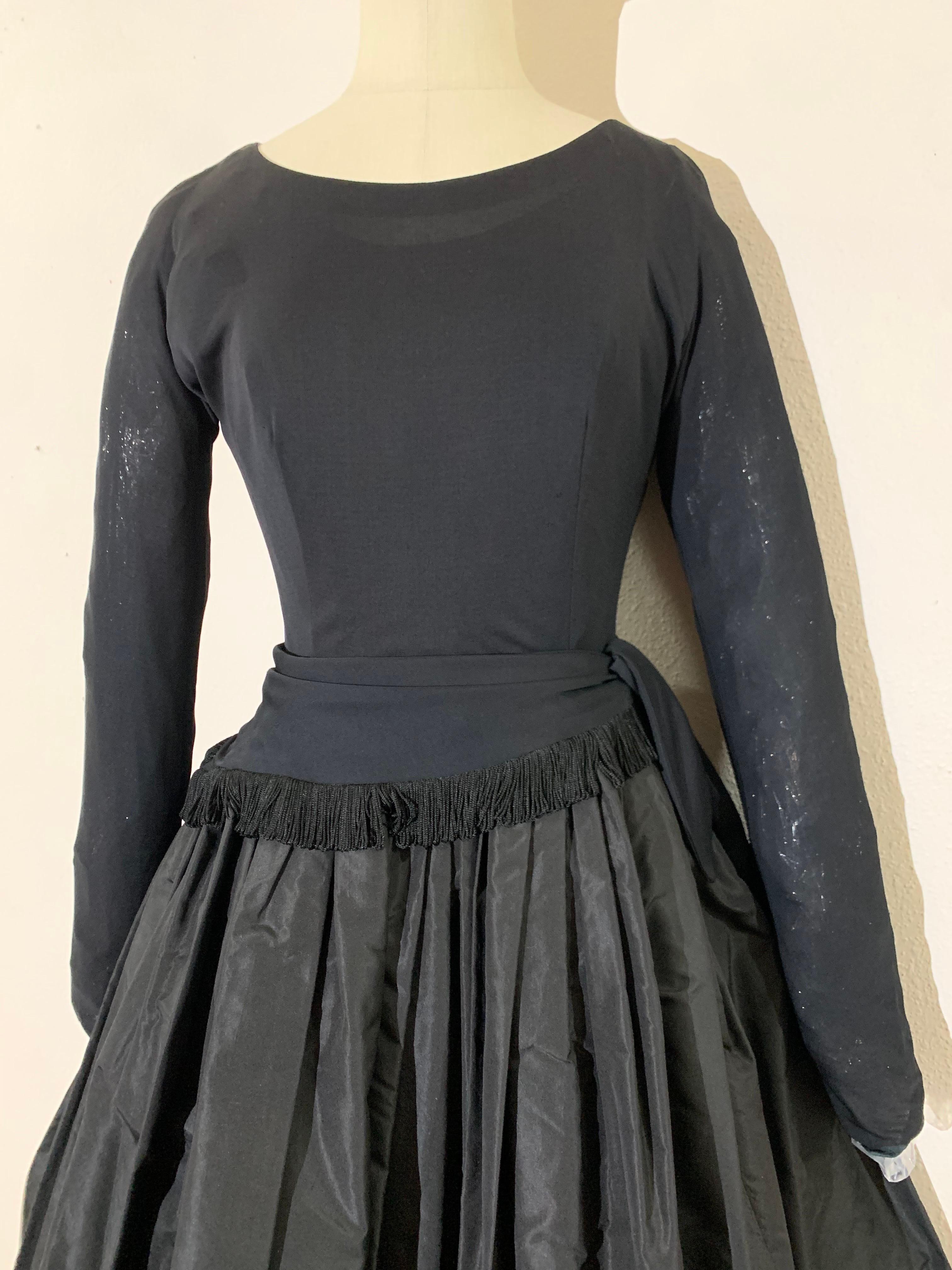 1950s Black Jersey & Taffeta Dress w Fringed Dropped-Waist Bodice & Circle Skirt In Excellent Condition For Sale In Gresham, OR