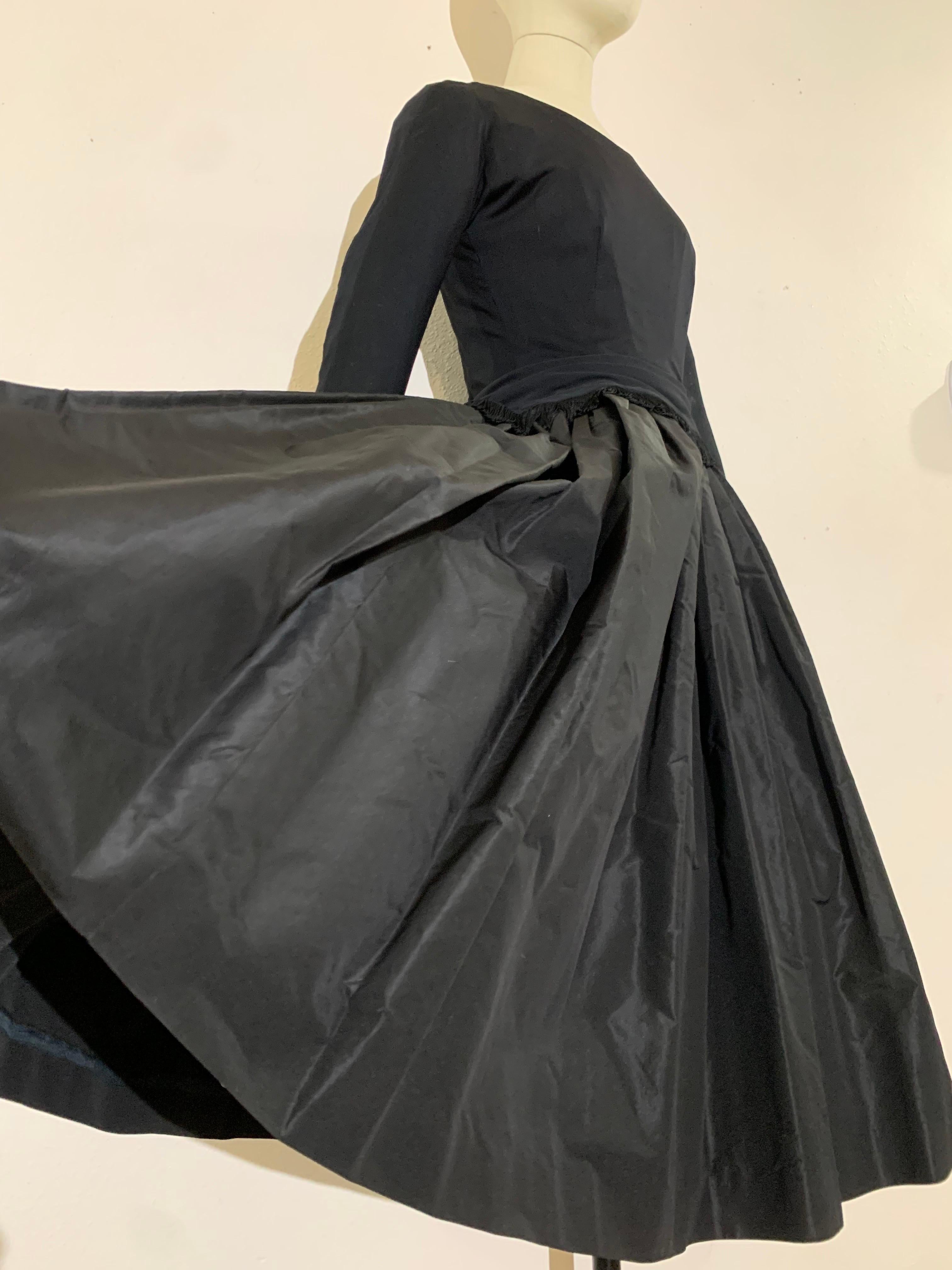 Women's 1950s Black Jersey & Taffeta Dress w Fringed Dropped-Waist Bodice & Circle Skirt For Sale