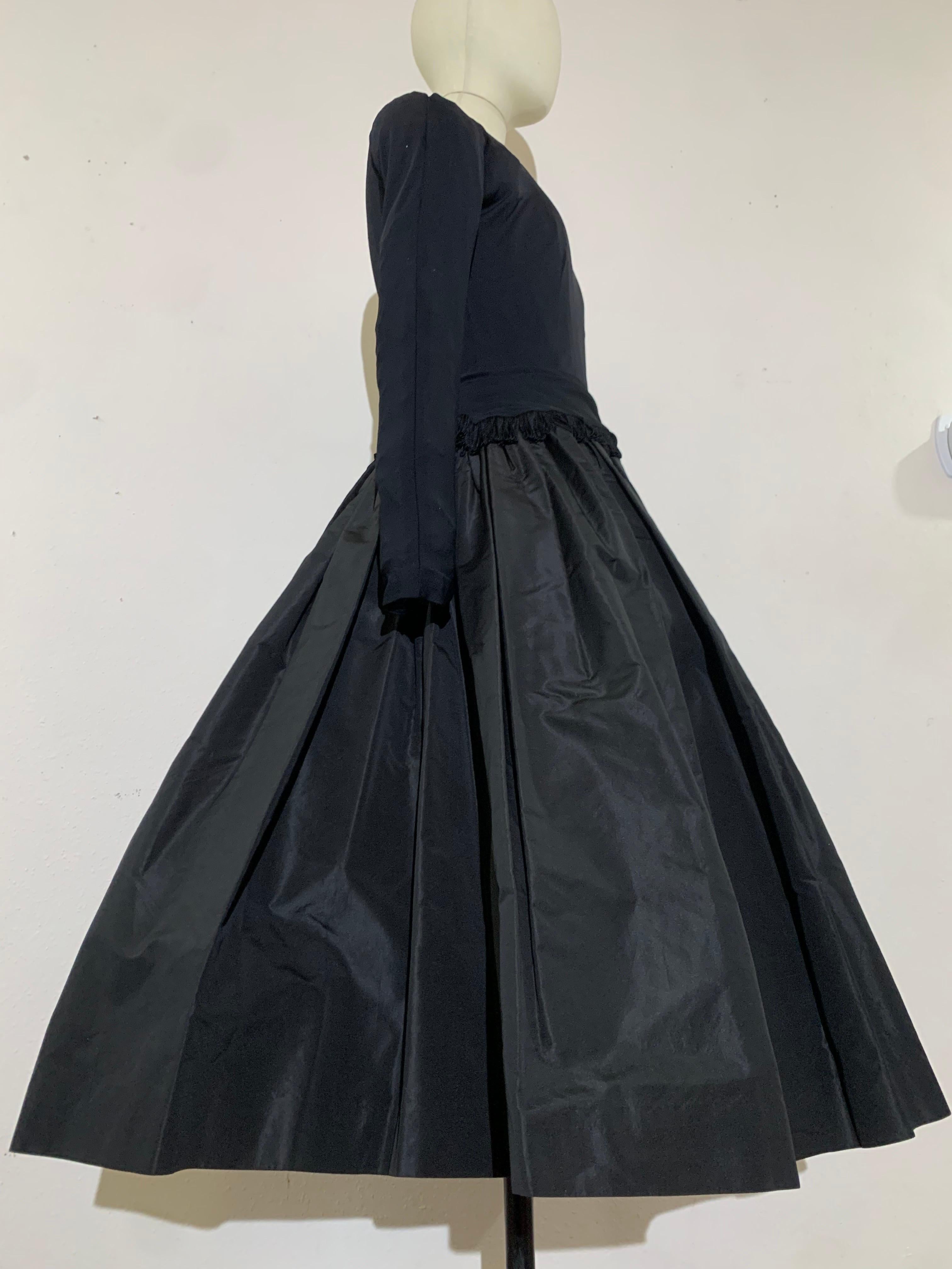 1950s Black Jersey & Taffeta Dress w Fringed Dropped-Waist Bodice & Circle Skirt For Sale 1