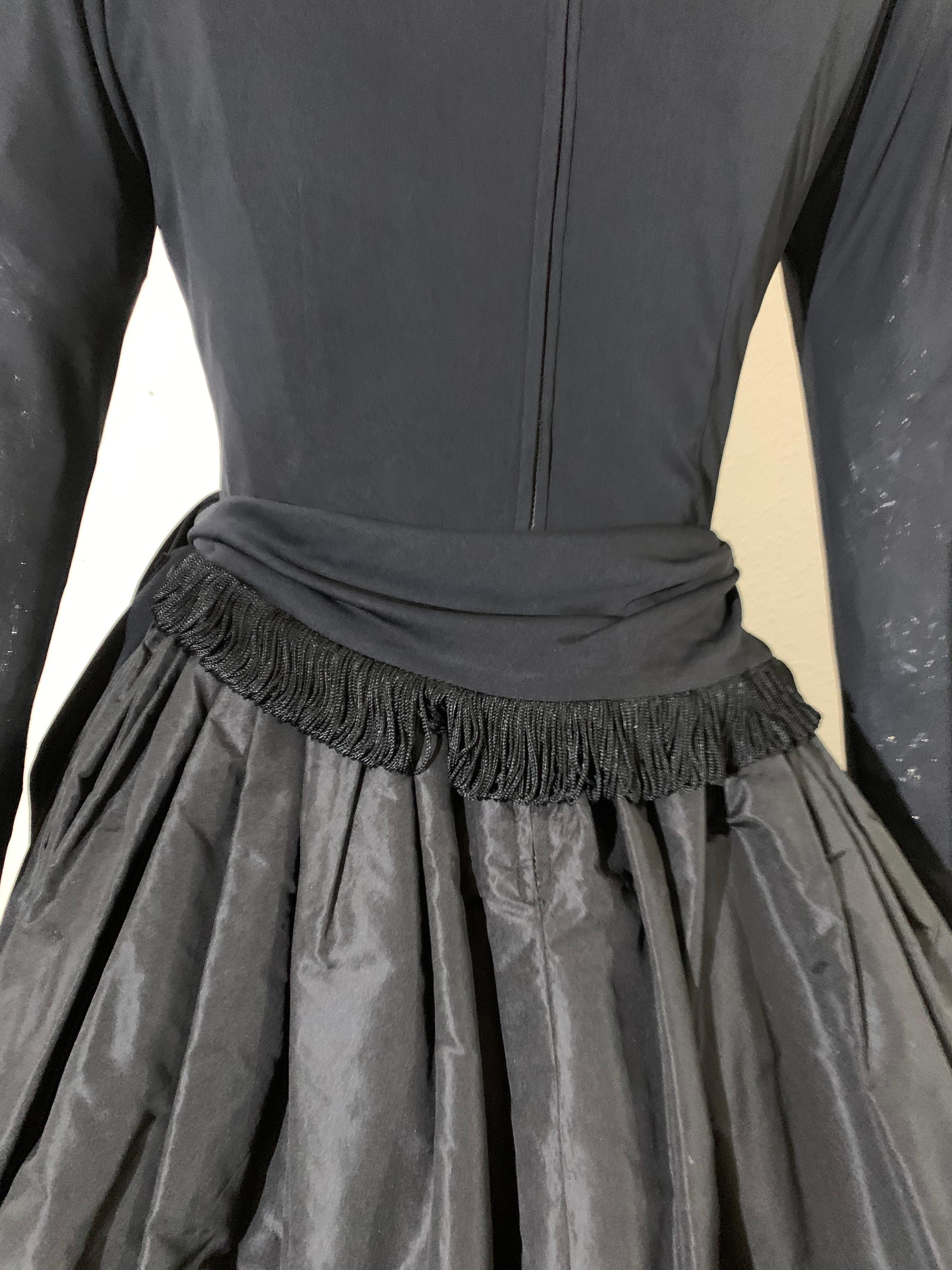 1950s Black Jersey & Taffeta Dress w Fringed Dropped-Waist Bodice & Circle Skirt For Sale 4