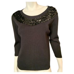 1950’s Black Jersey Top Trimmed with Large Round Black Beads at the Neckline