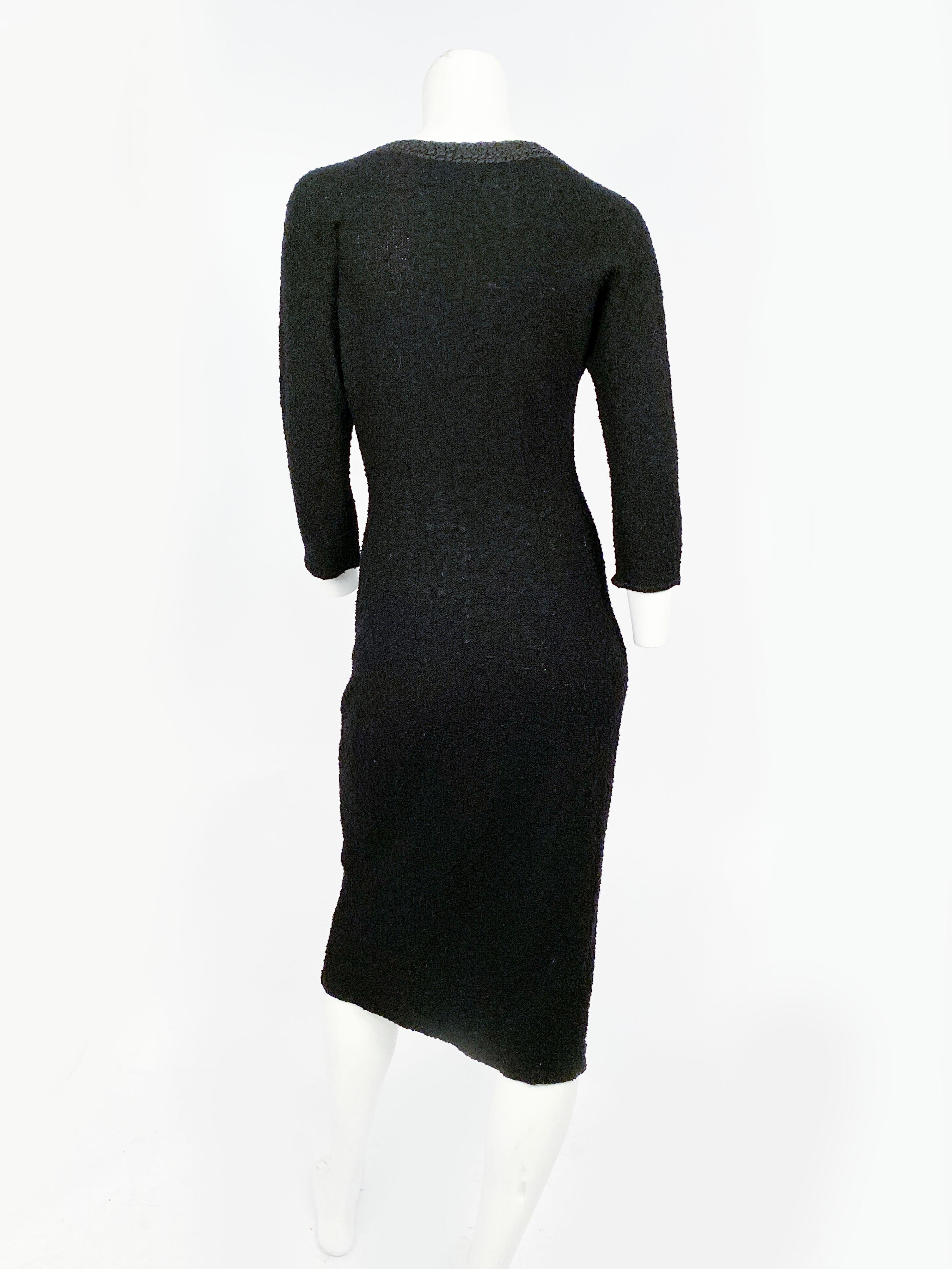 1950s Black Knit Dress with Trompe L'Oeil Ribbonwork For Sale 1