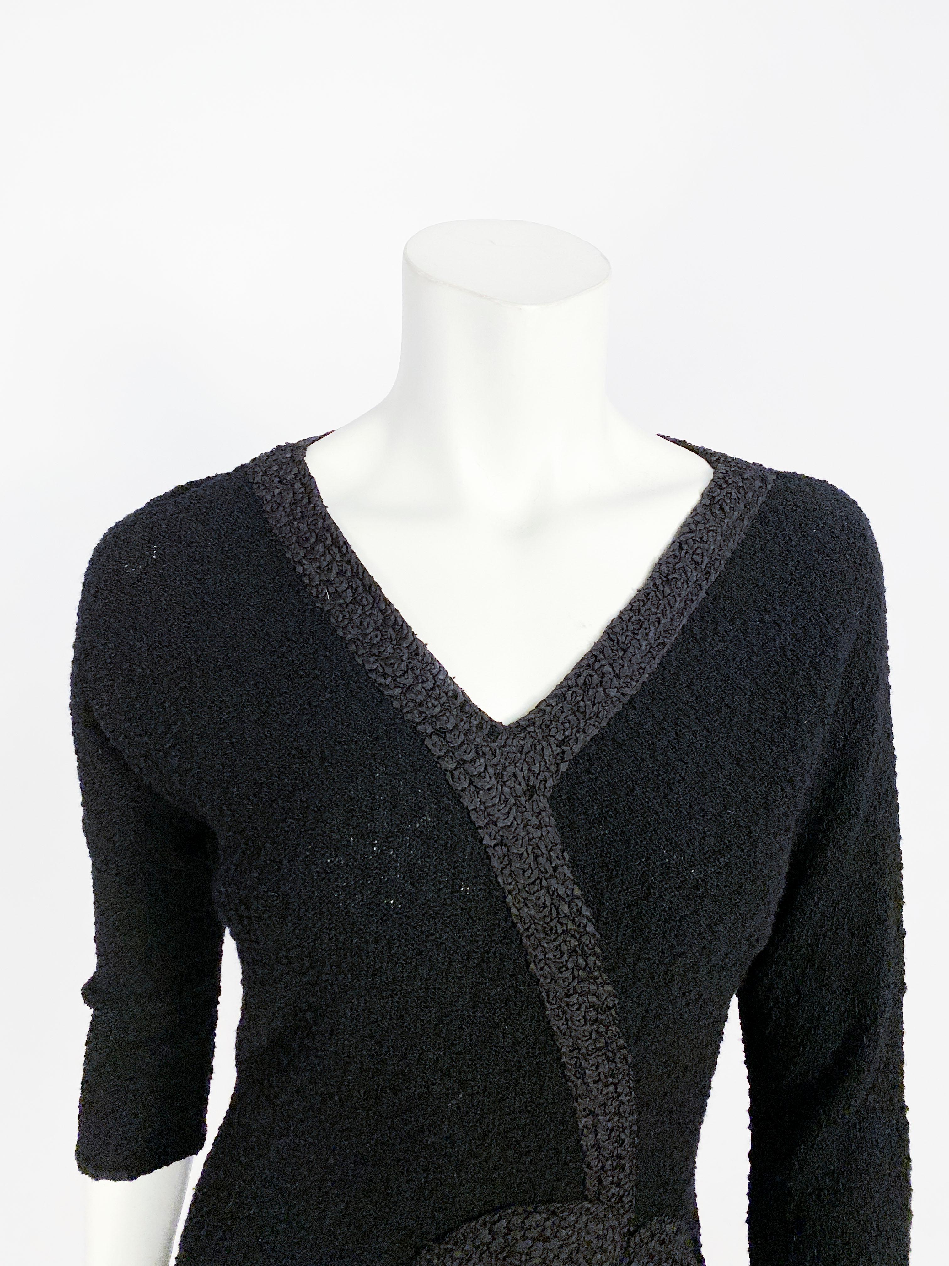1950s Black Knit Dress with Trompe L'Oeil Ribbonwork For Sale 2