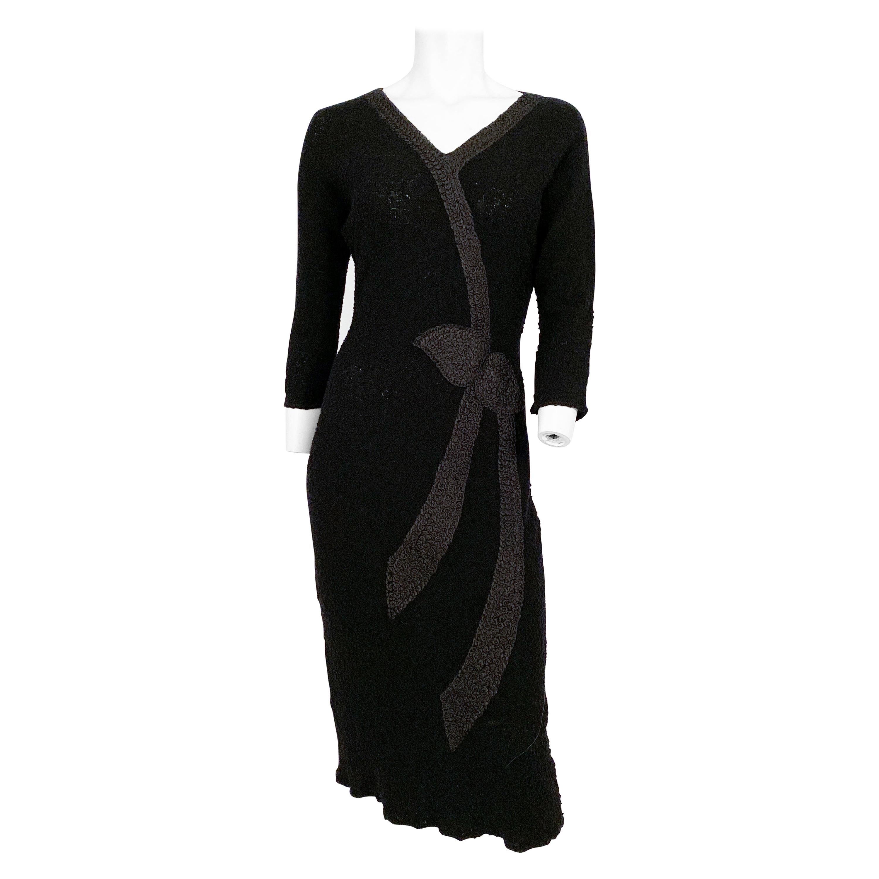 1950s Black Knit Dress with Trompe L'Oeil Ribbonwork For Sale