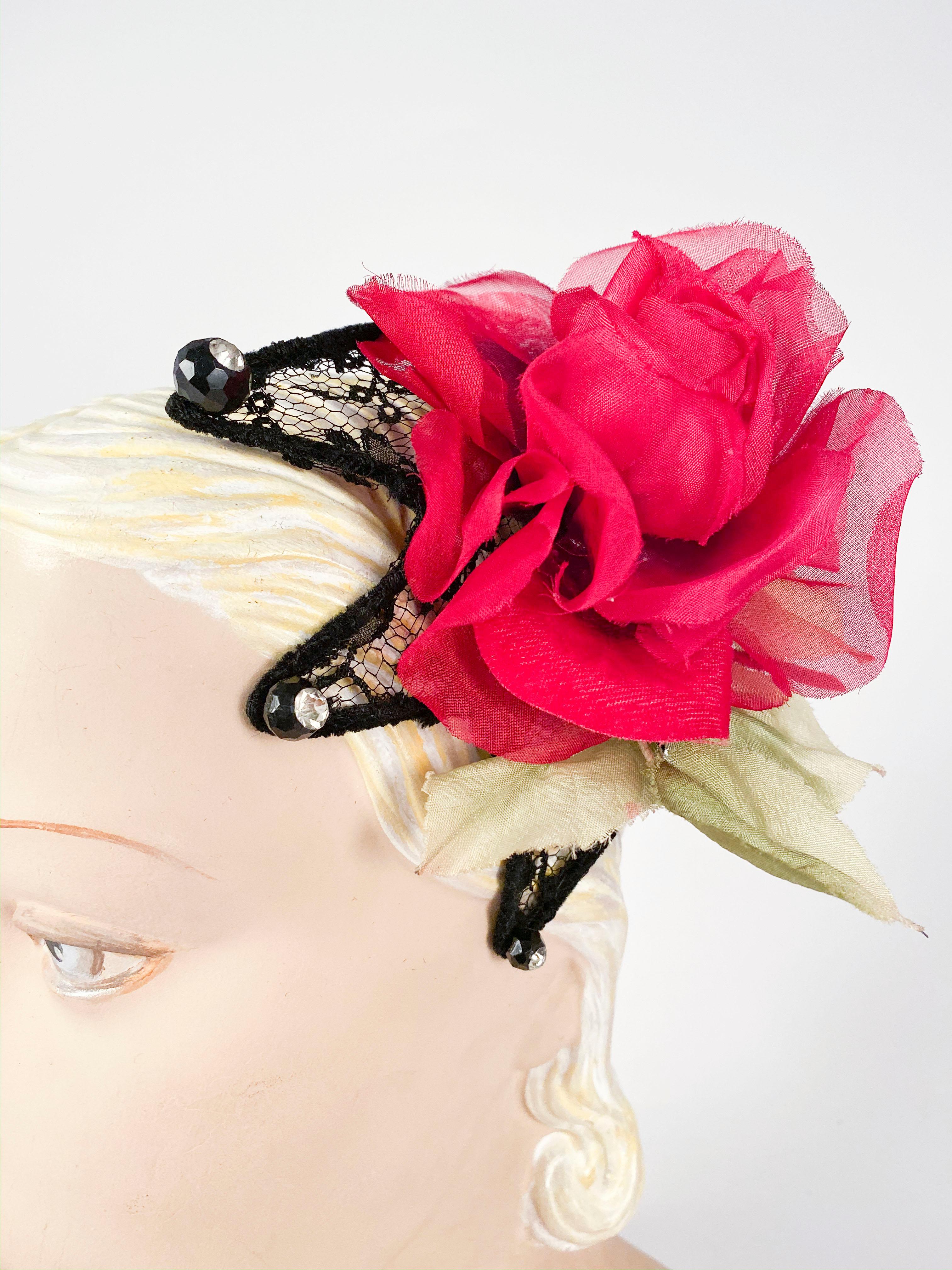 1950s wired frame lace cocktail hat with black lucite and rhinestone button accents and a hand made silk red rose.