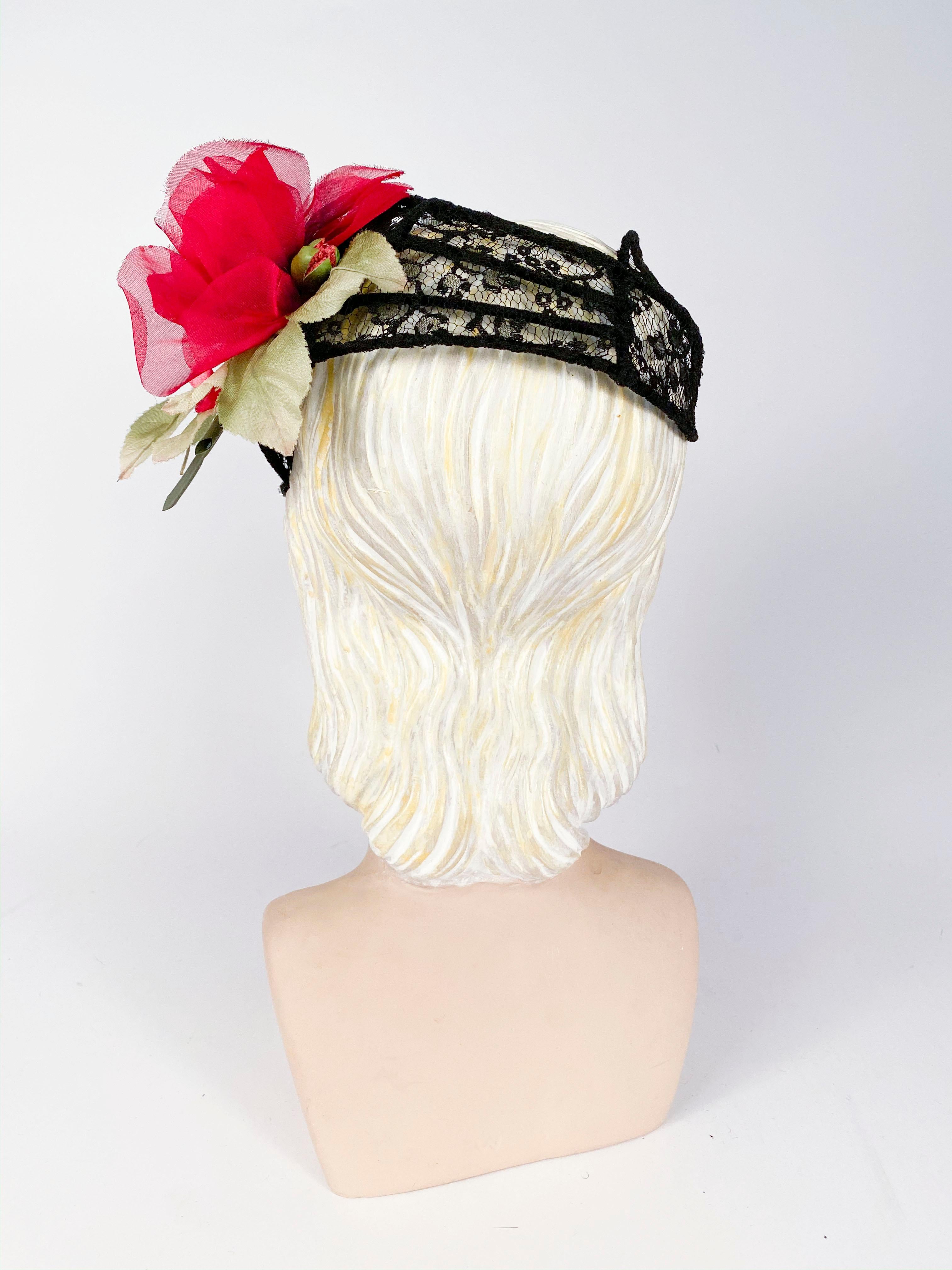1950s Black Lace Cocktail Hat with Rhinestone and Rose Accents In Good Condition For Sale In San Francisco, CA