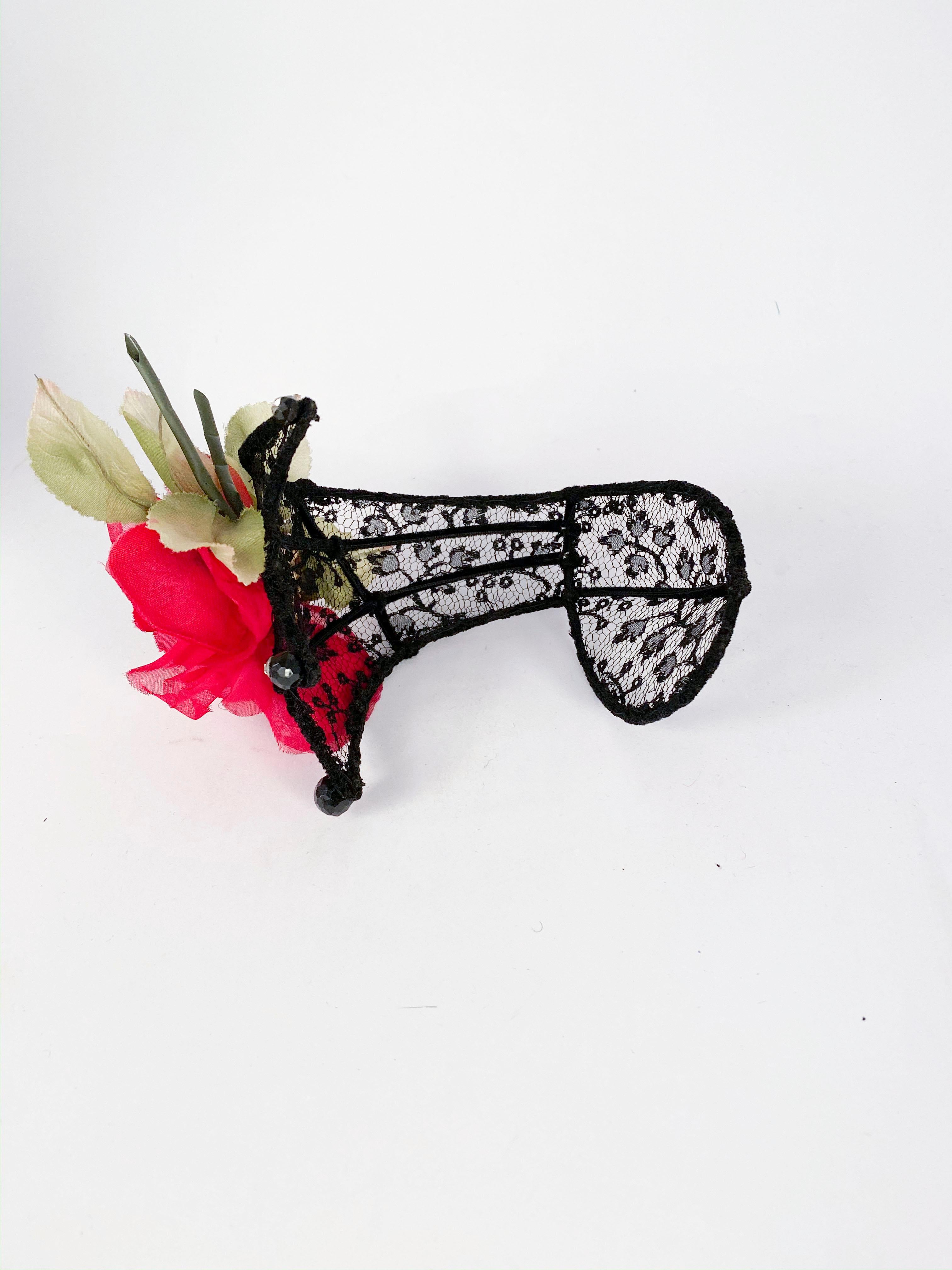 1950s Black Lace Cocktail Hat with Rhinestone and Rose Accents For Sale 1