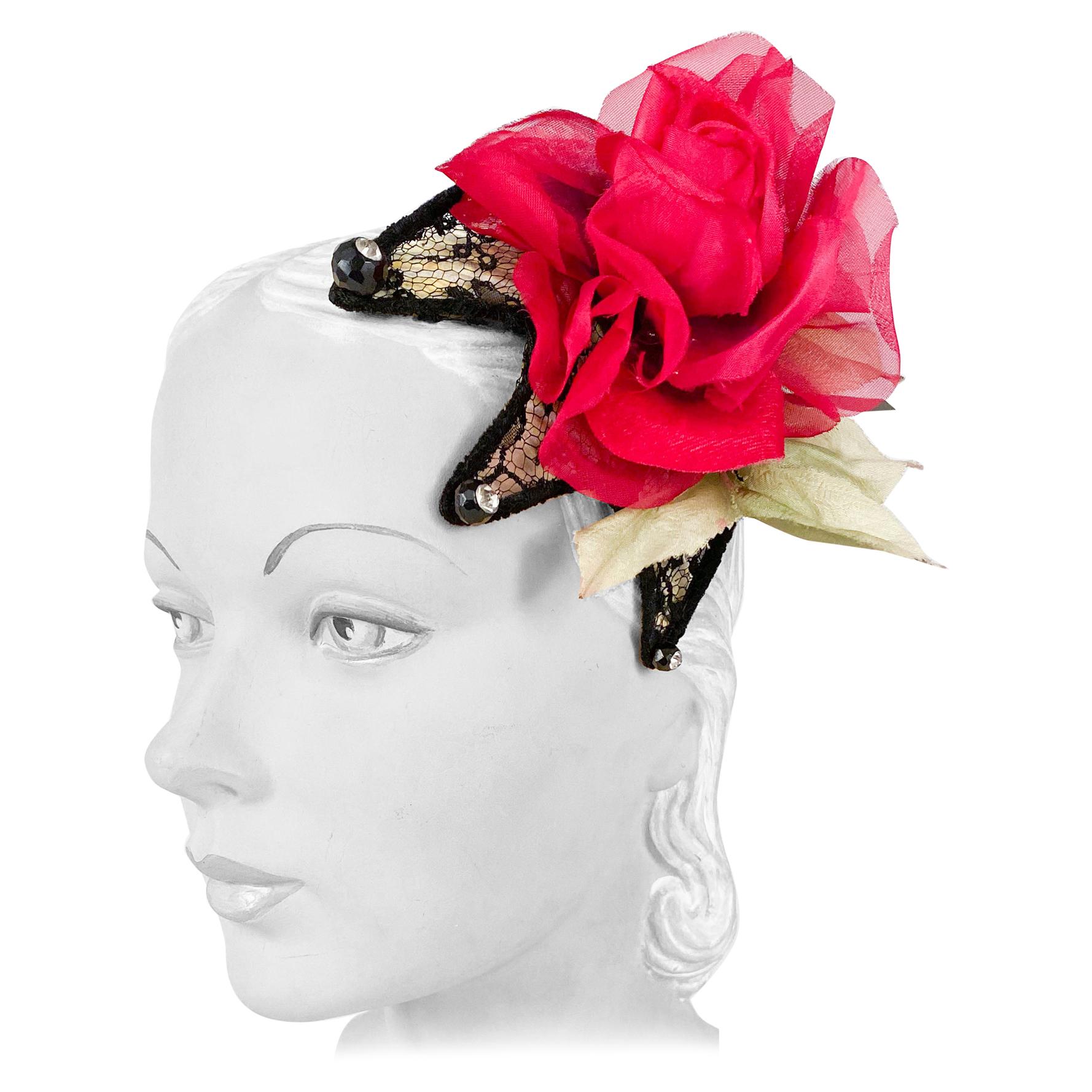 1950s Black Lace Cocktail Hat with Rhinestone and Rose Accents For Sale