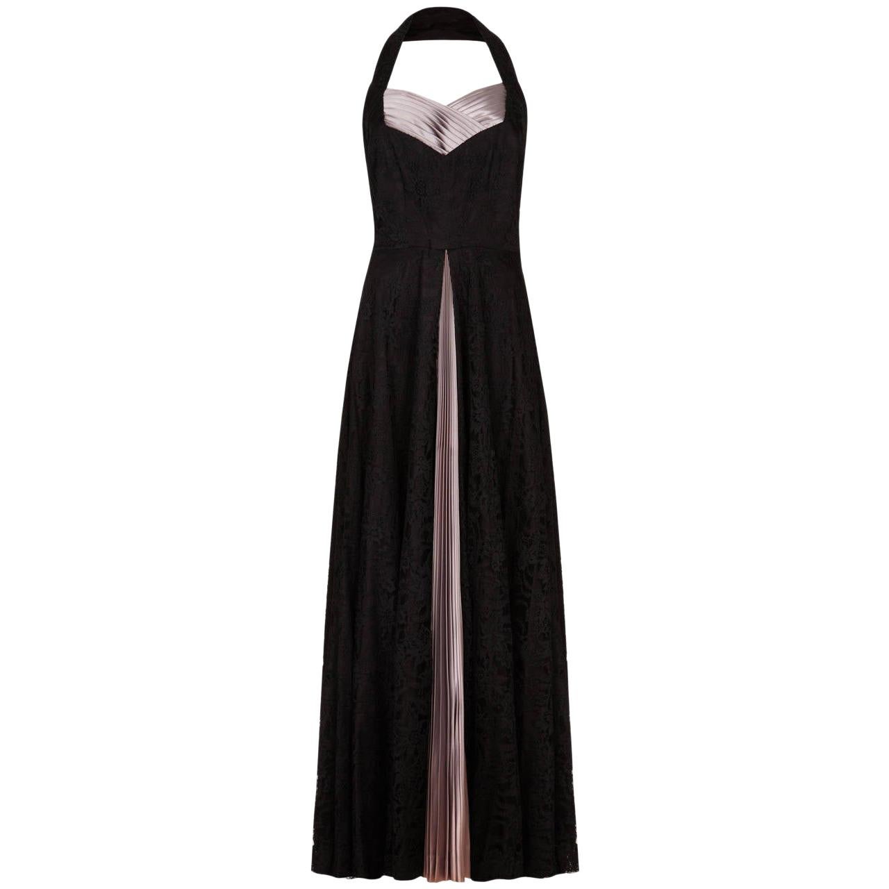 1950s Black Lace & Pleated Satin Halter Neck Dress