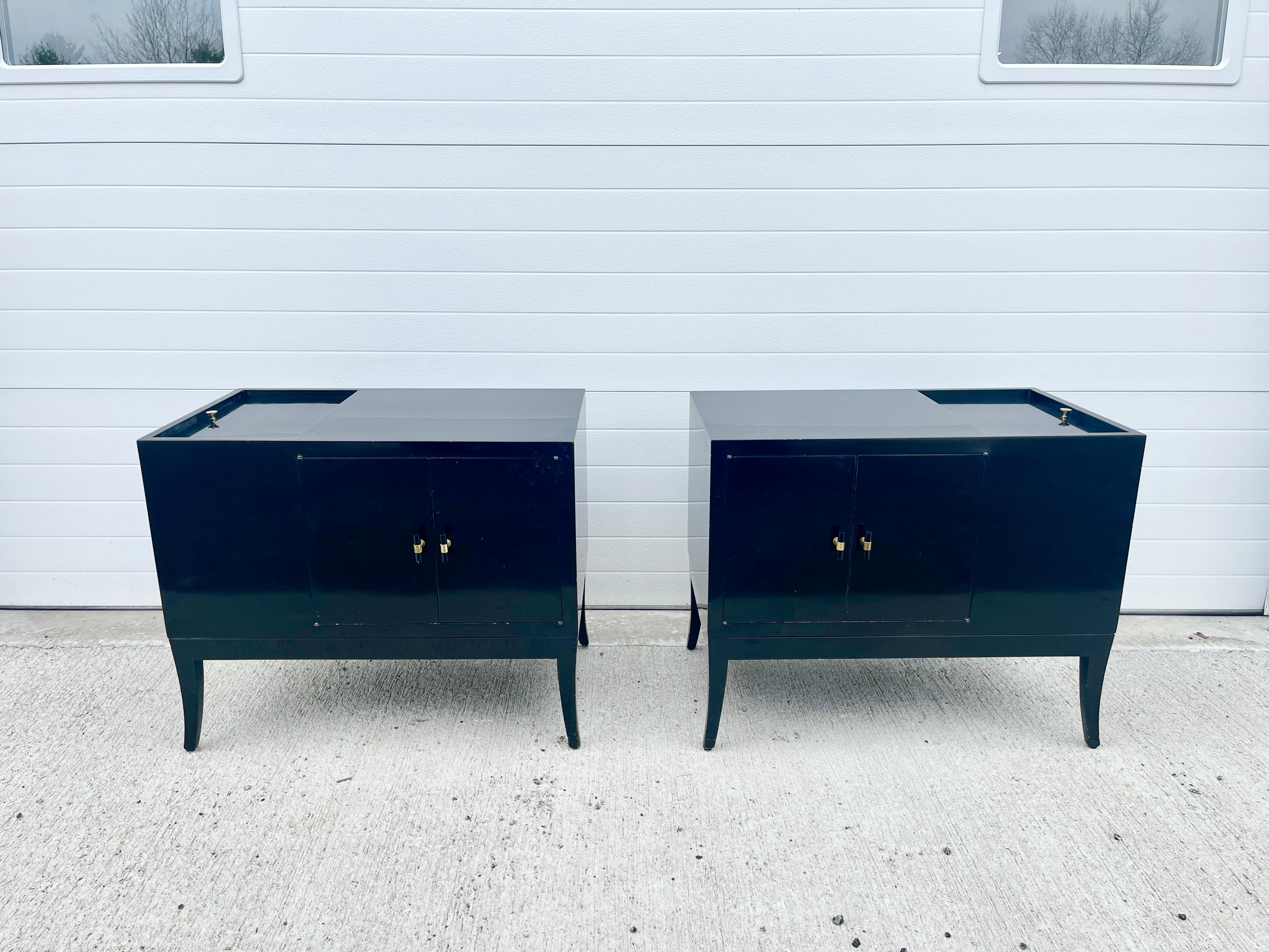 Hollywood Regency 1950's Black Lacquer Bedside Cabinets For Sale
