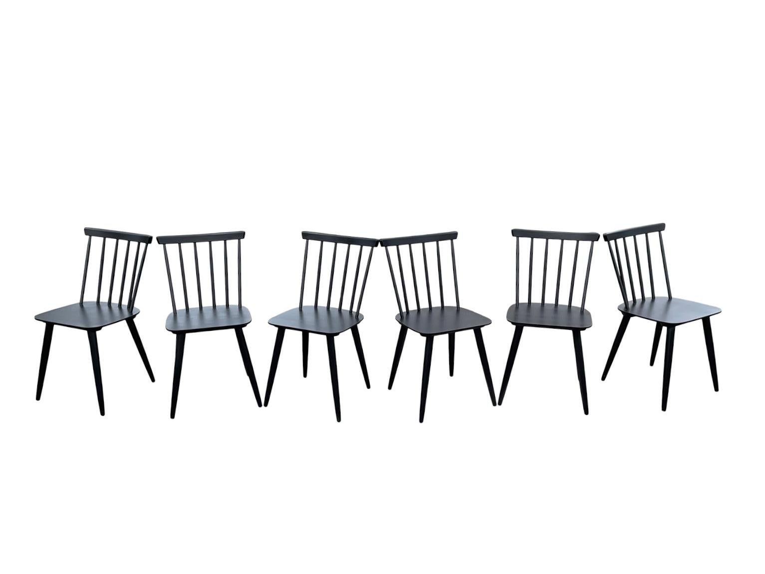 Mid-Century Modern 1950s Black Lacquered Varjonen Spindle Back Dining Chair Finland -Set of 6 