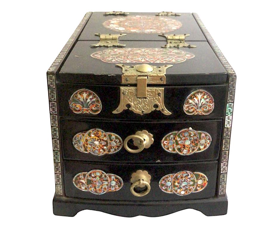 1950s Black Lacquered Wood and Mother Of Pearl Inlayed Small Dressing Box For Sale