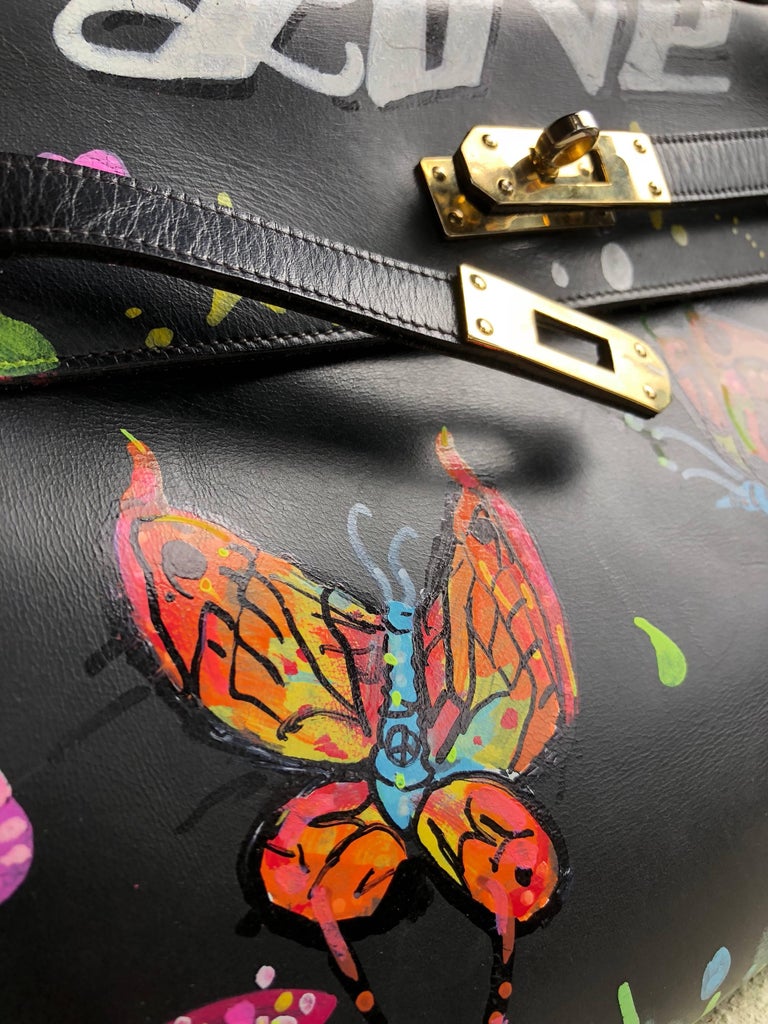 Black Leather Handbag With Custom LOVE Graffiti Art, 1950s