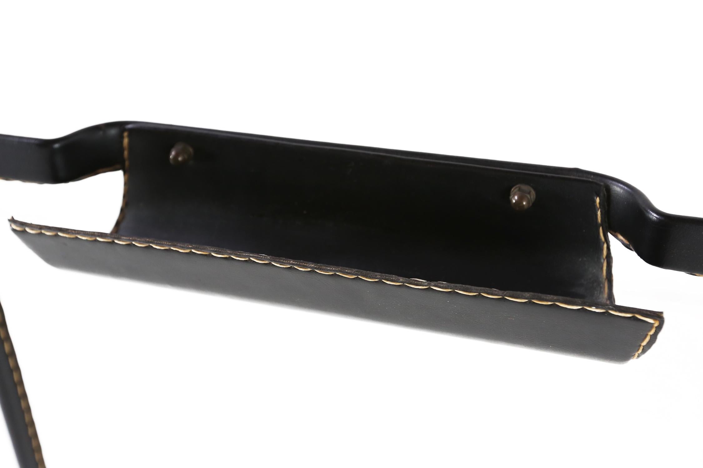 1950s Black Leather-Wrapped Brass Valet by Jacques Adnet In Good Condition In Ghent, BE