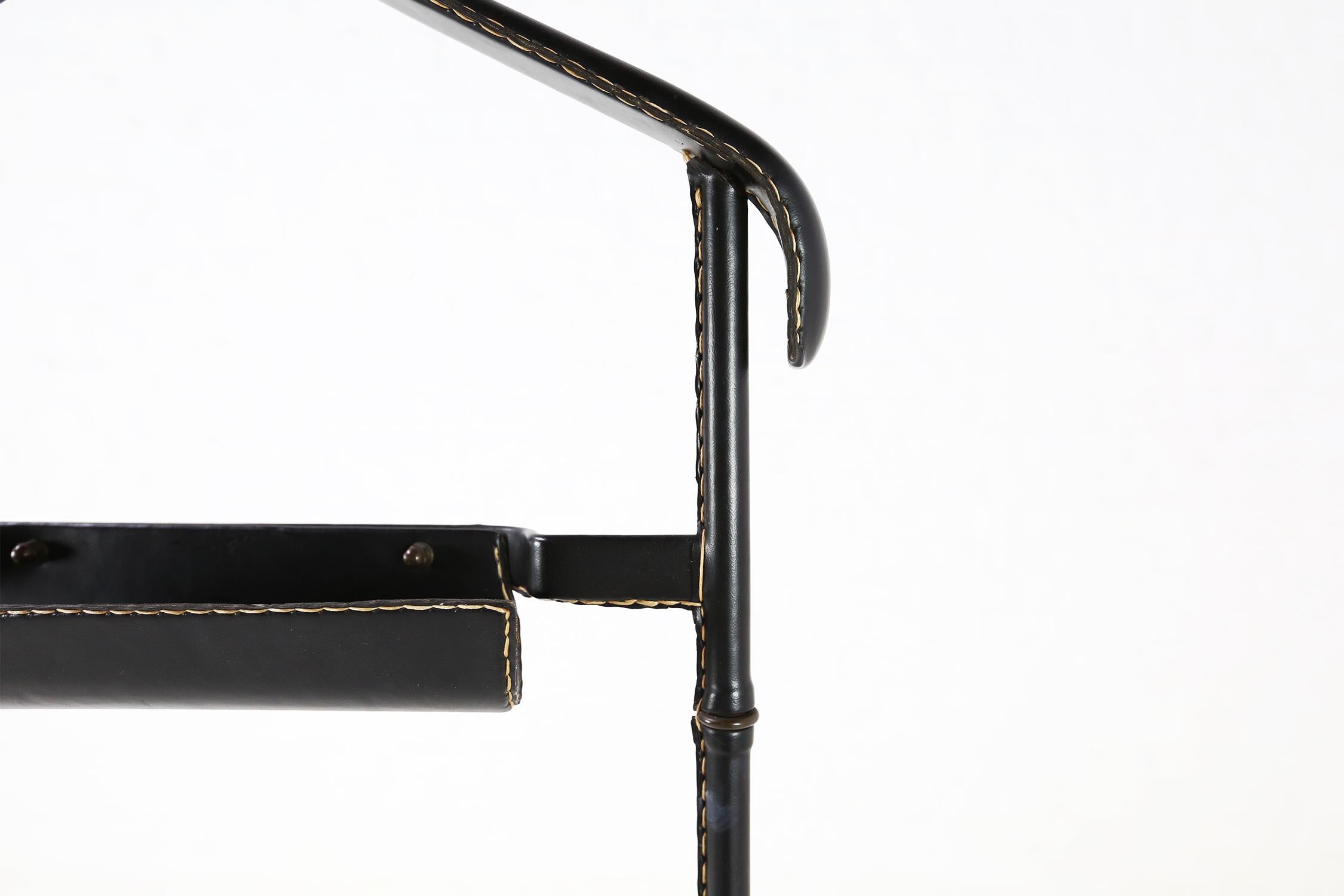 1950s Black Leather-Wrapped Brass Valet by Jacques Adnet 1