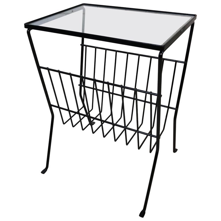 1950s Black Metal And Glass Top Side Table