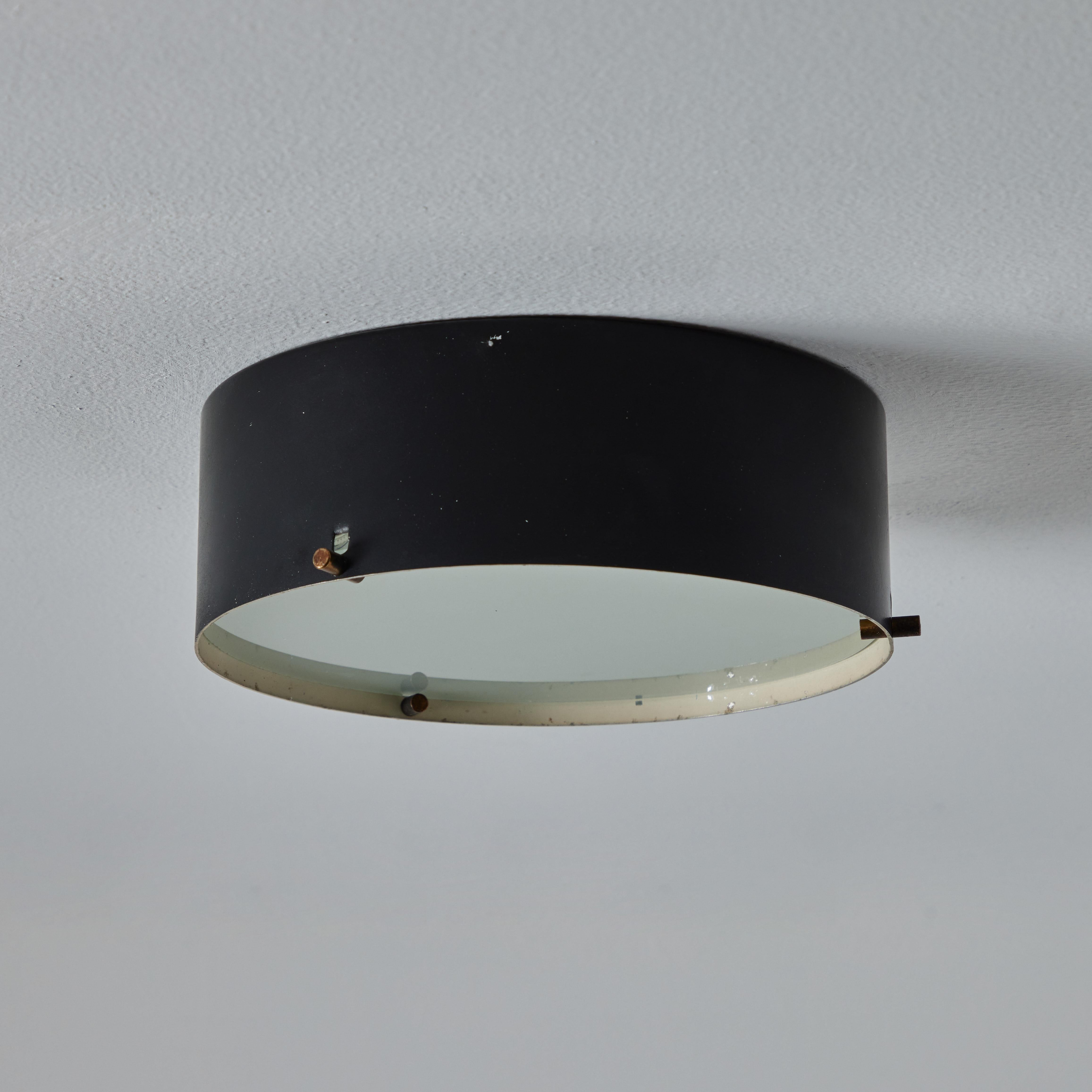 Italian 1950s Black Metal and Opaline Glass Ceiling Lamp by Bruno Gatta for Stilnovo For Sale