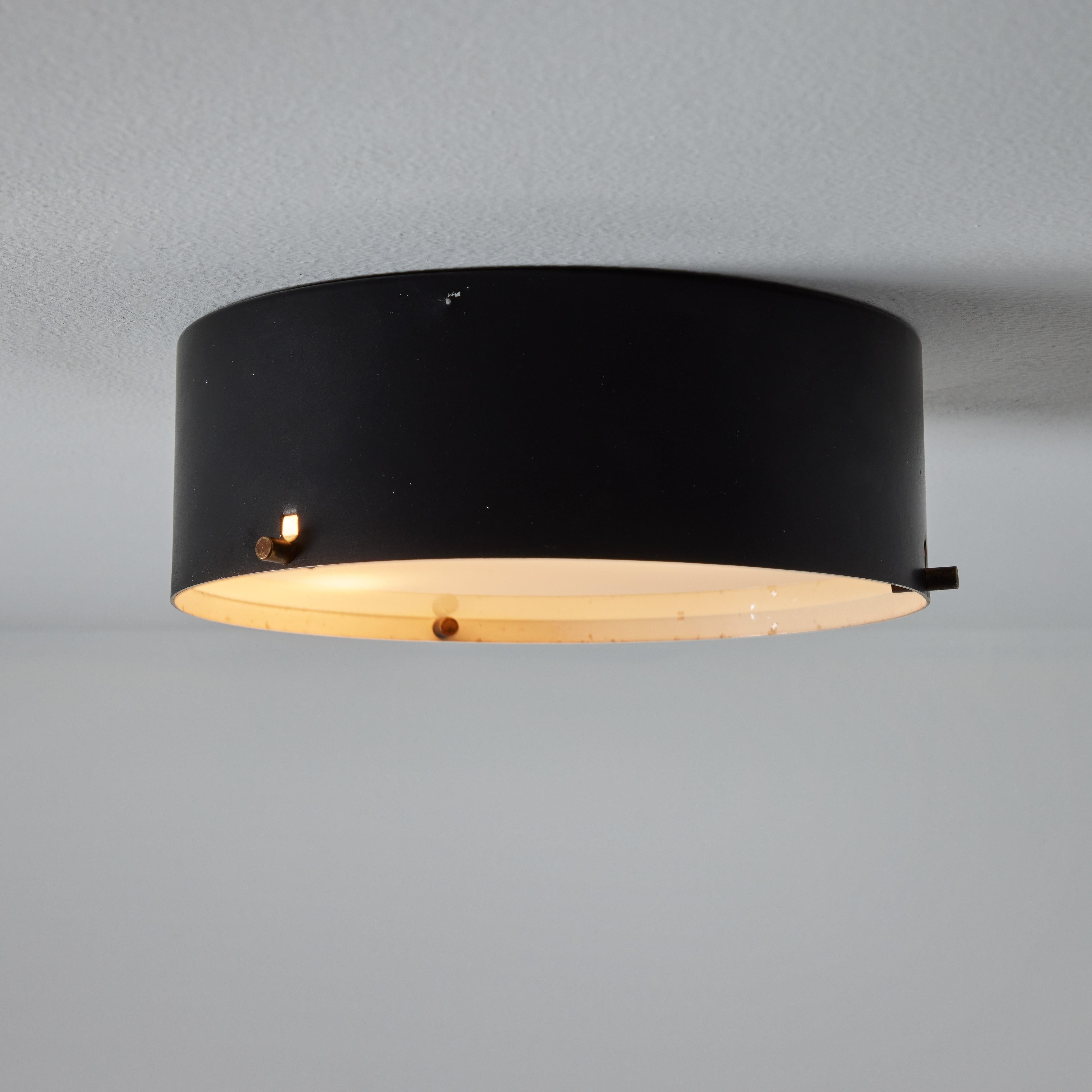 Painted 1950s Black Metal and Opaline Glass Ceiling Lamp by Bruno Gatta for Stilnovo For Sale