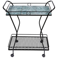 1950s Black Metal and Tile Top Rolling Cart
