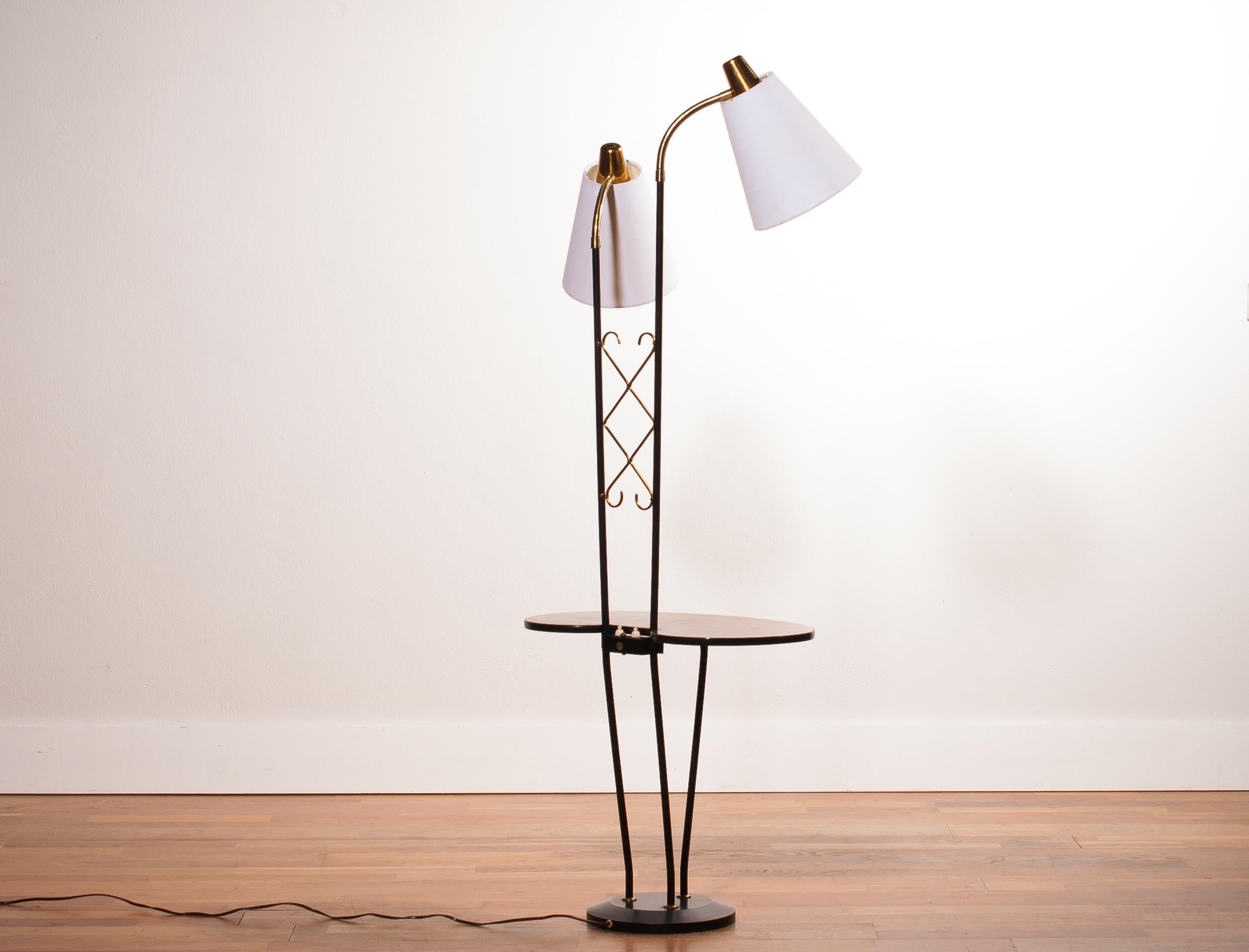 Mid-Century Modern 1950s, Black Metal Double Lights Floor Lamp with Table and Brass Details, Sweden