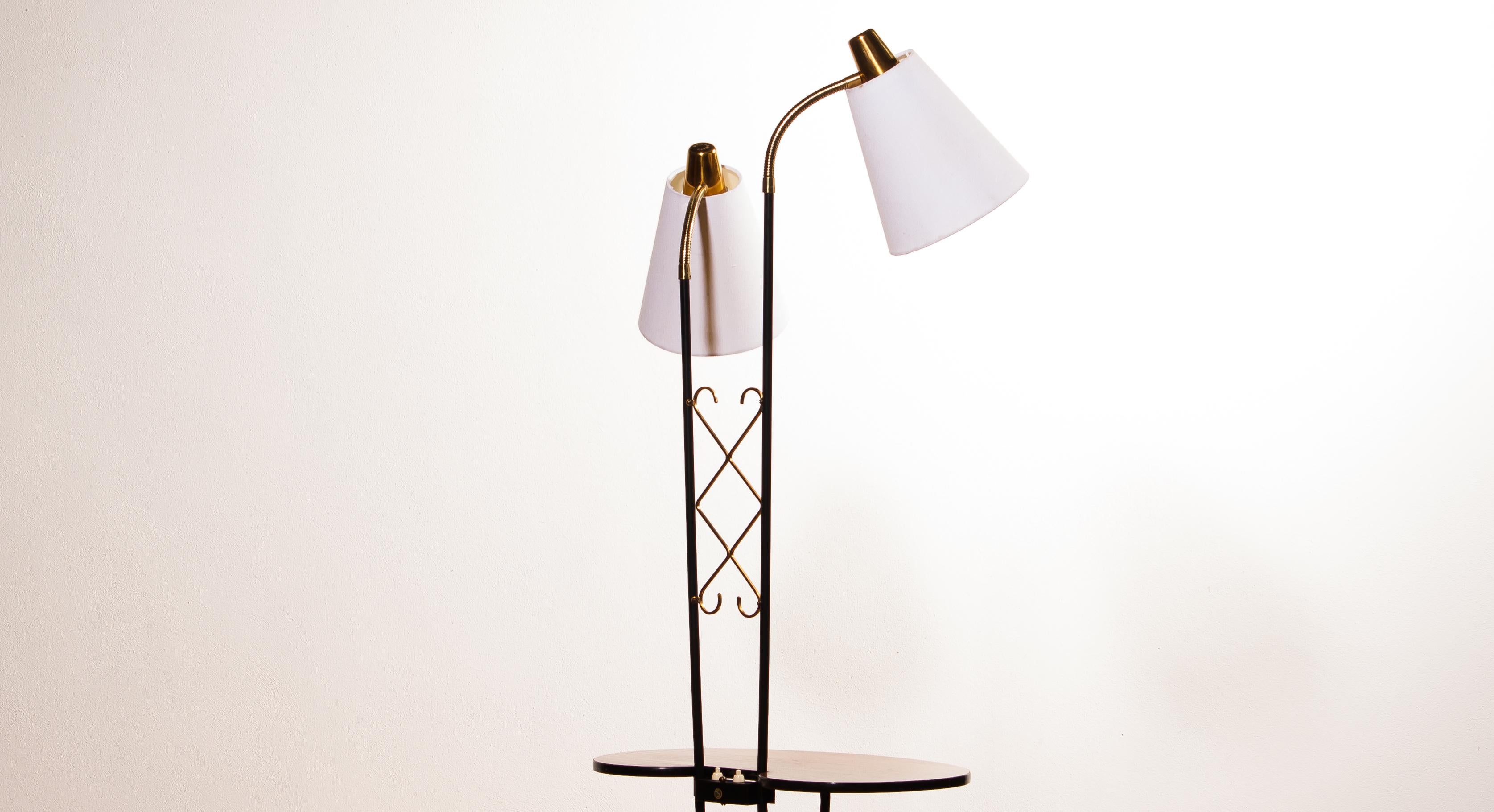 Swedish 1950s, Black Metal Double Lights Floor Lamp with Table and Brass Details, Sweden