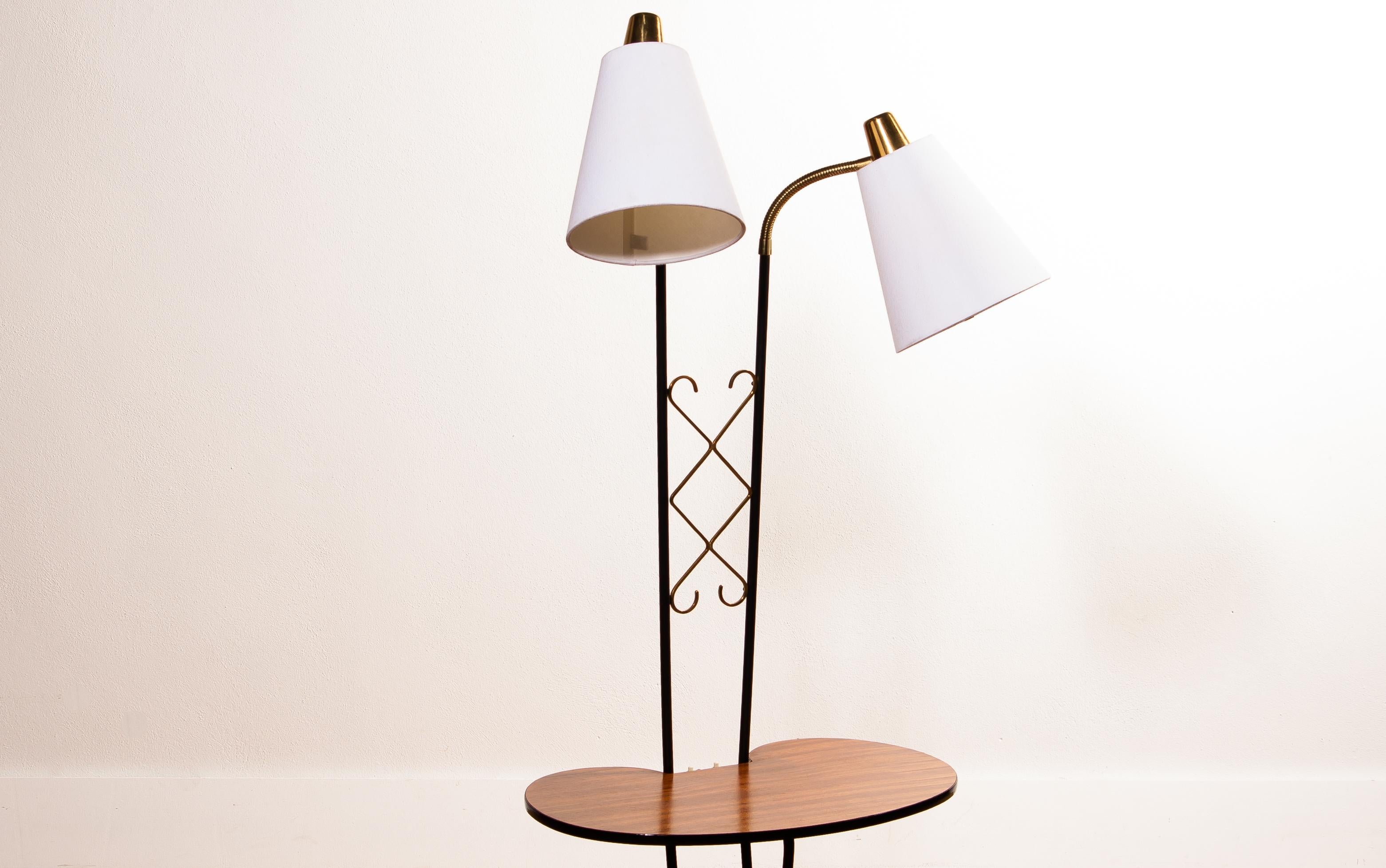 Teak 1950s, Black Metal Double Lights Floor Lamp with Table and Brass Details, Sweden