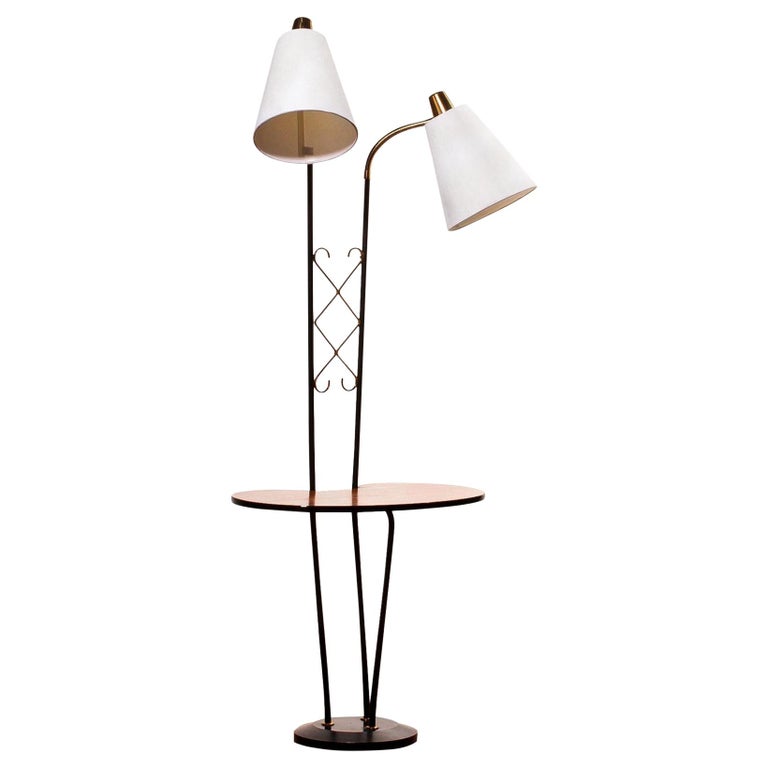 1950s Black Metal Double Lights Floor Lamp With Table And Brass Details Sweden For At 1stdibs Metal Double Lights Floor Lamp, Dual Bulb Floor Lamp