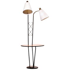 1950s, Black Metal Double Lights Floor Lamp with Table and Brass Details, Sweden