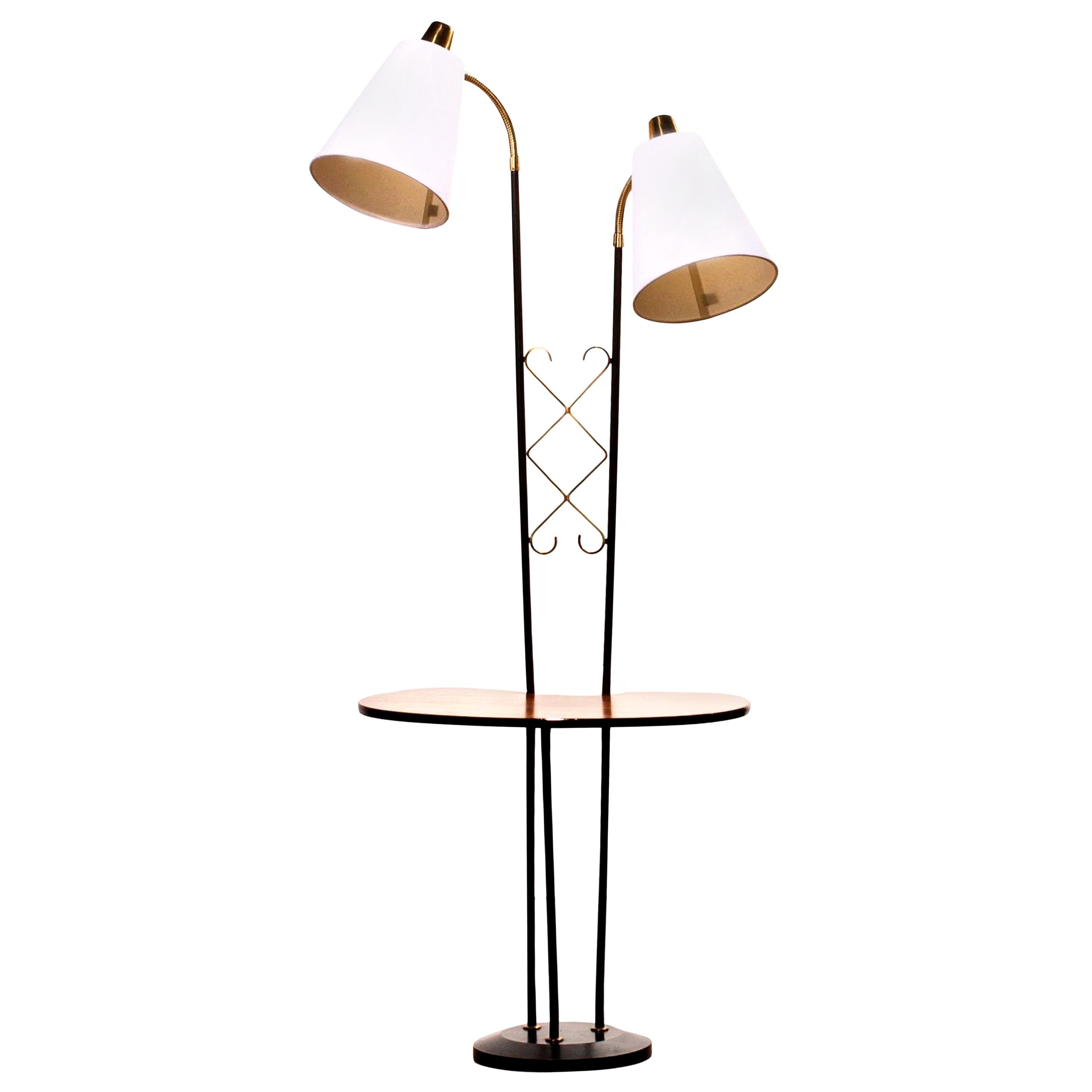1950s, Black Metal Double Lights Floor Lamp with Table and Brass Details, Sweden