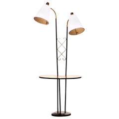 1950s, Black Metal Double Lights Floor Lamp with Table and Brass Details, Sweden