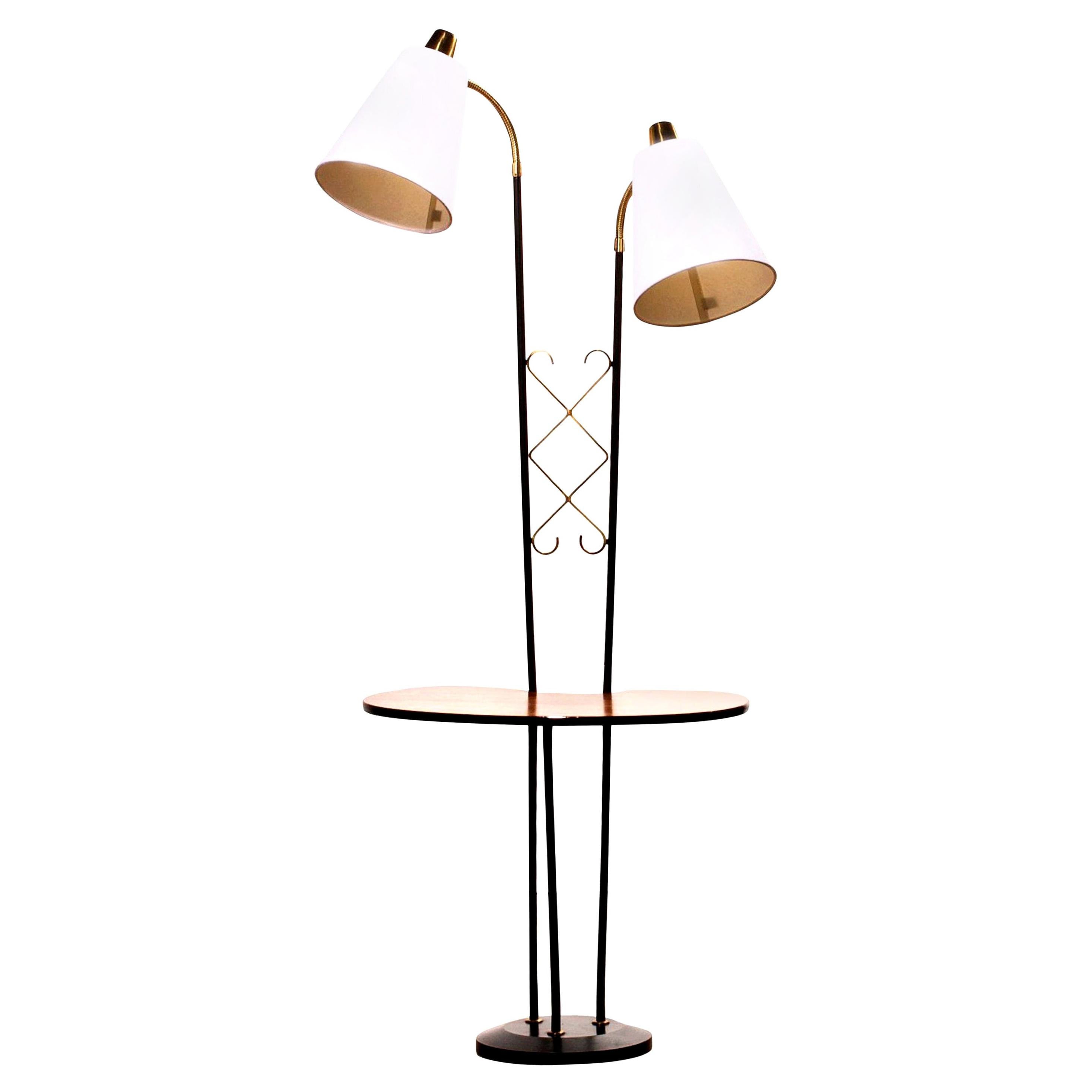 1950s, Black Metal Double Lights Floor Lamp with Table and Brass