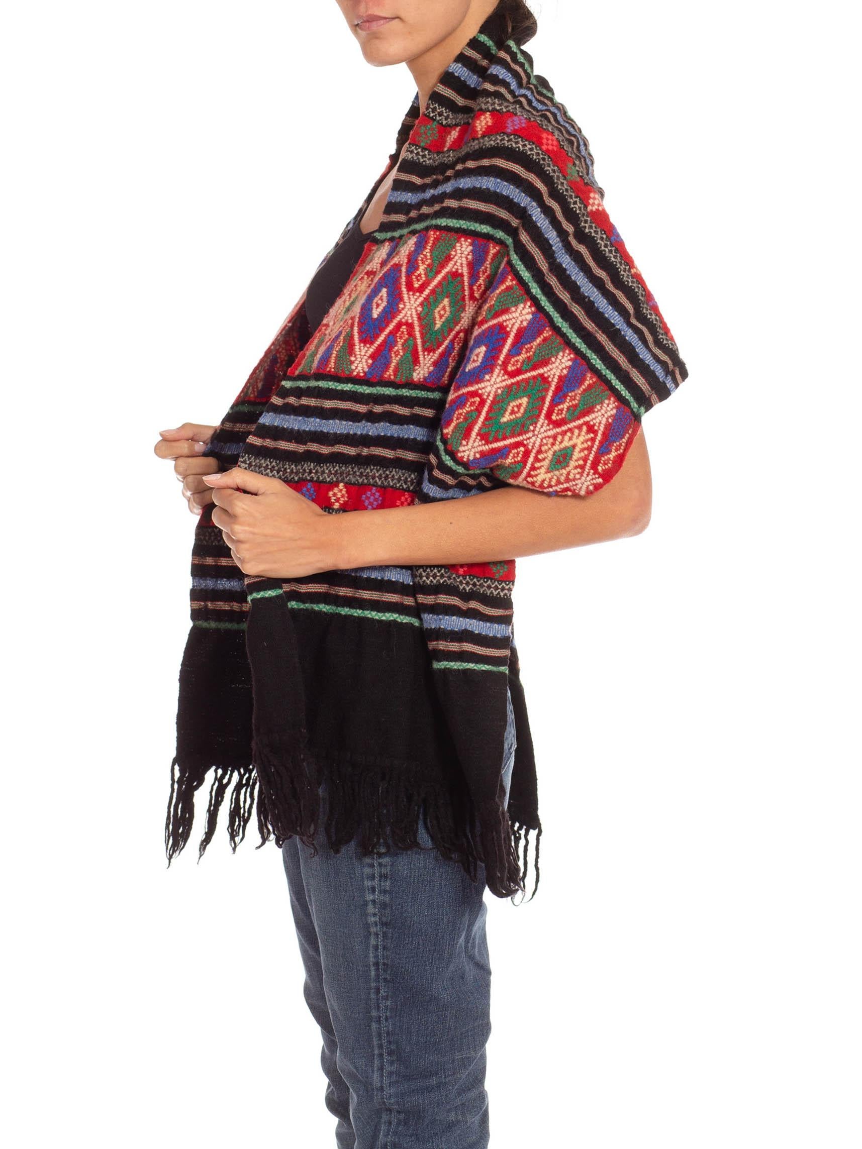 1950S Schwarz Multicolor Hand gewebt Wolle ethnischen Schal