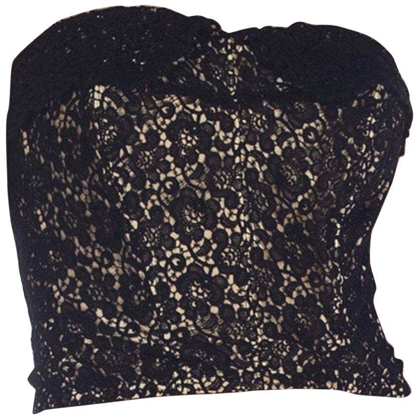 1950S Black & Nude Silk Lace Strapless Bustier From Paris