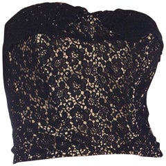 1950S Black & Nude Silk Lace Strapless Bustier From Paris