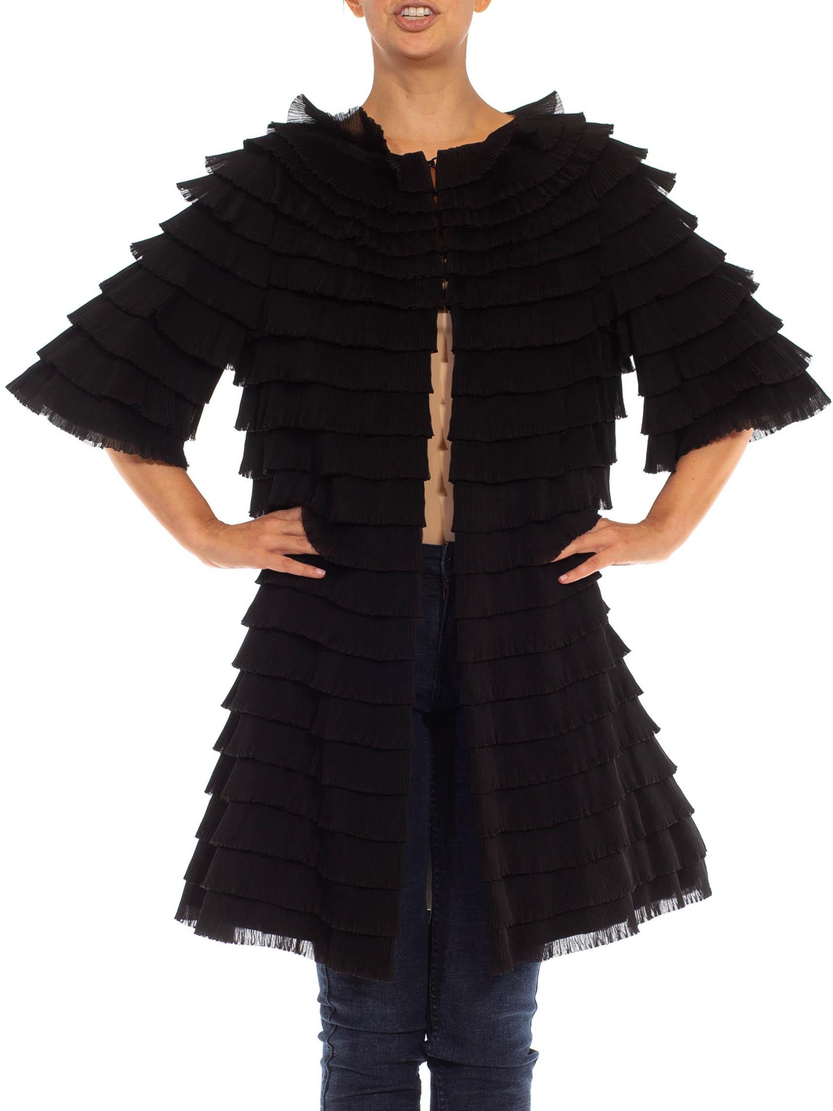 1950S Black Nylon Blend Balenciaga Style Ruffled Coat For Sale 1