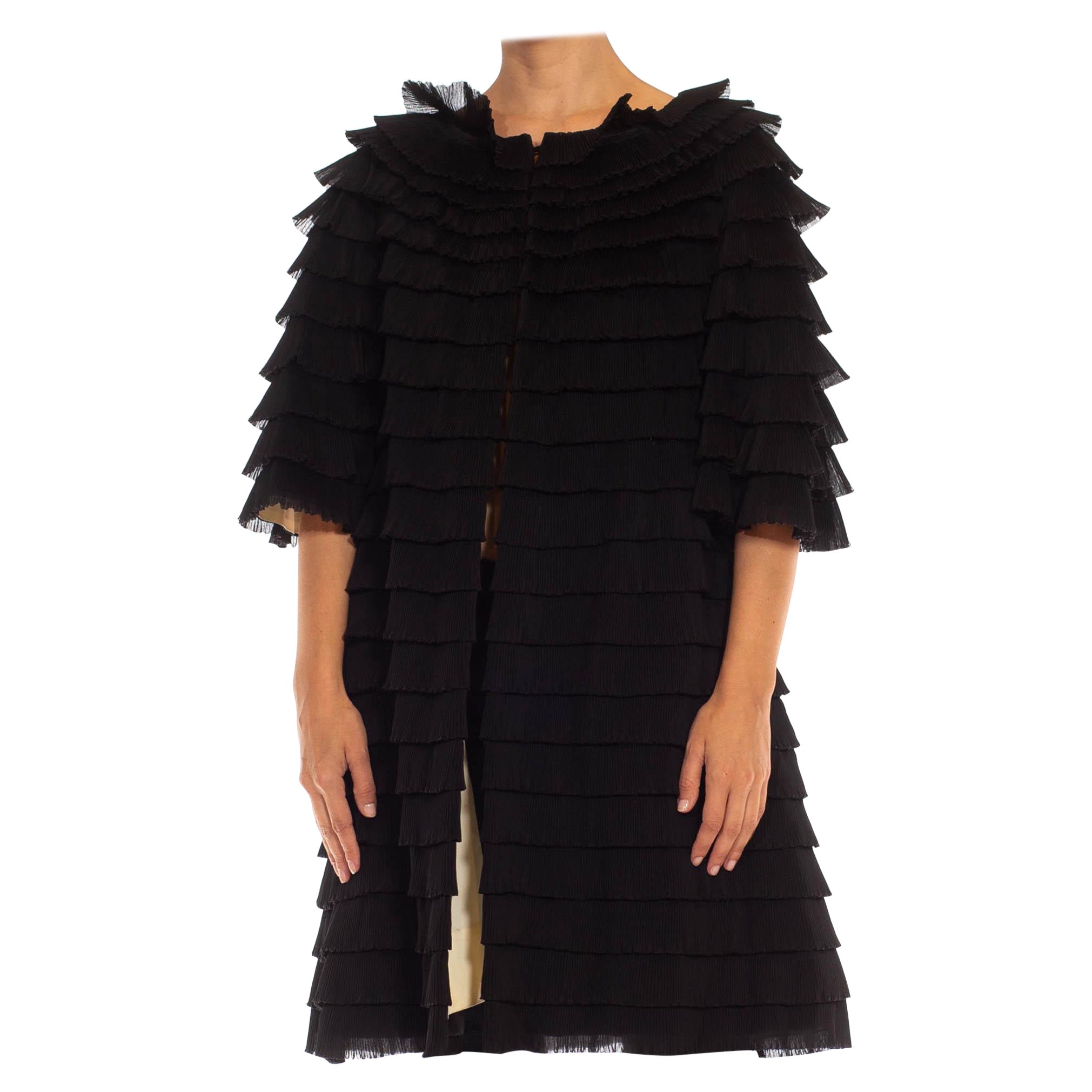 1950S Abrigo negro con volantes estilo Balenciaga de mezcla de nailon