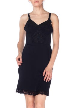 1950S Black Nylon & Lace Slip Dress With Fitted Bra Cups