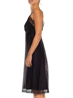 1950S Black Nylon Poly Satin & Lace Trim Slip Dress
