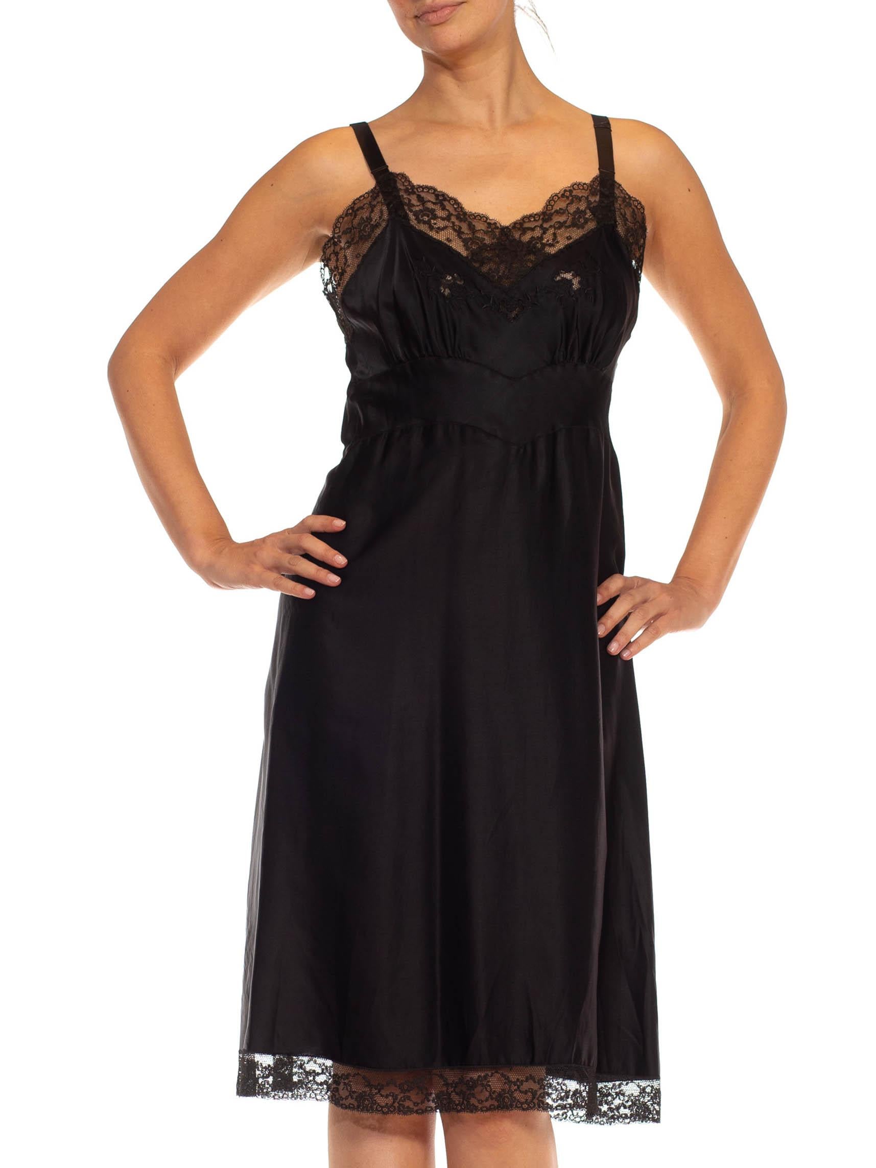 1950S Black Nylon Poly Satin & Lace Trim Slip Dress In Excellent Condition For Sale In New York, NY