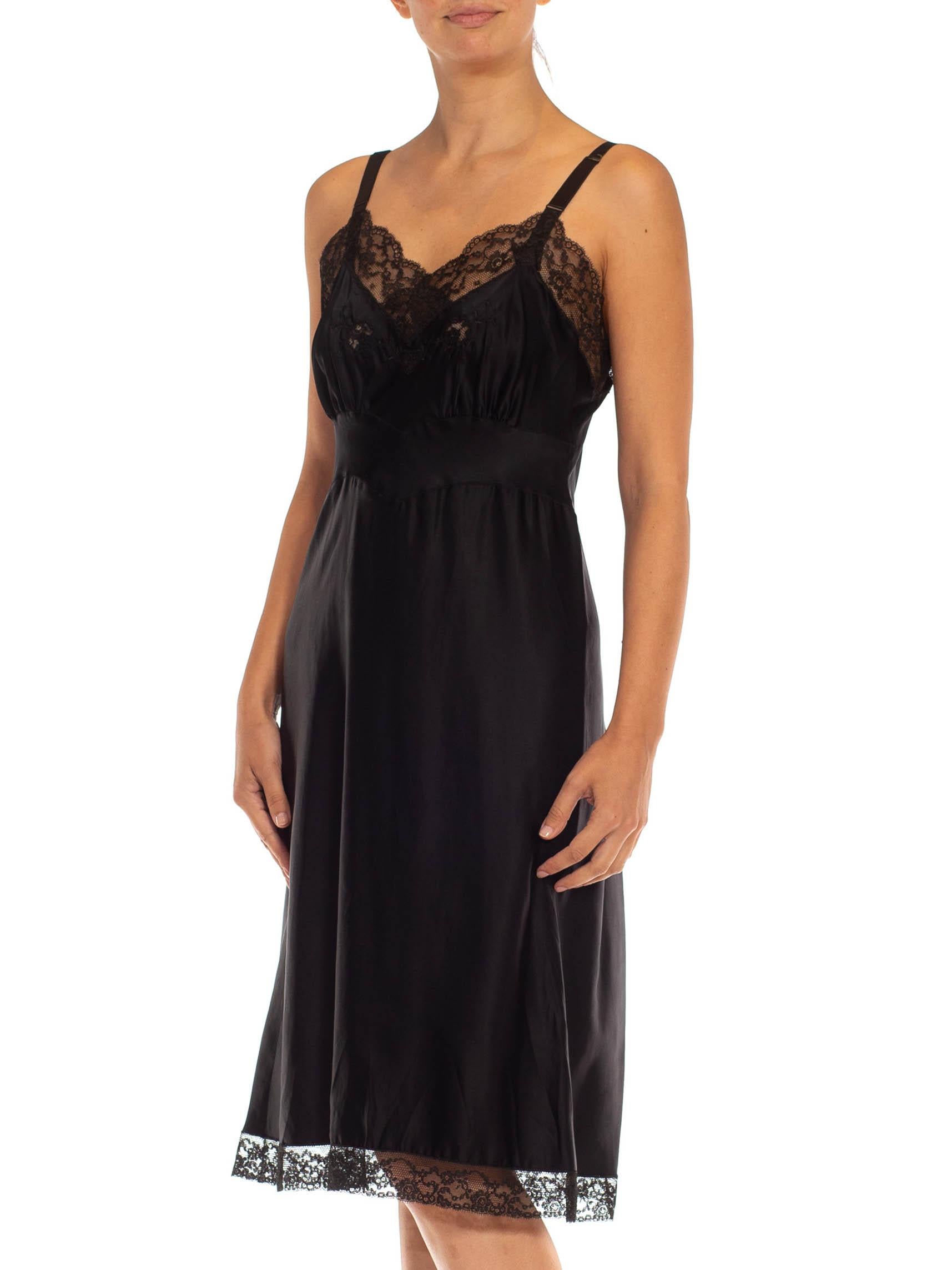 Women's 1950S Black Nylon Poly Satin & Lace Trim Slip Dress For Sale