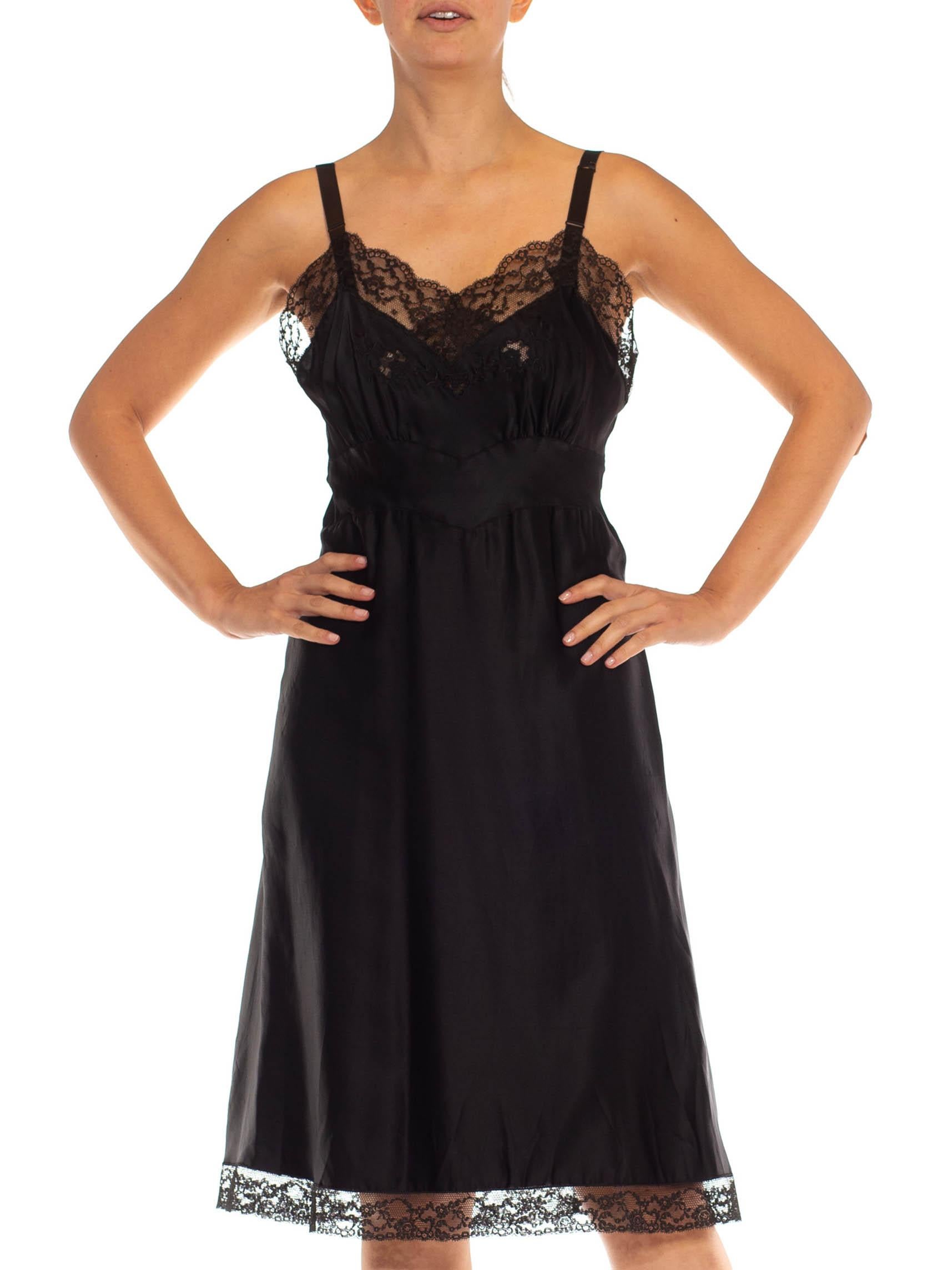 1950S Black Nylon Poly Satin & Lace Trim Slip Dress For Sale 1