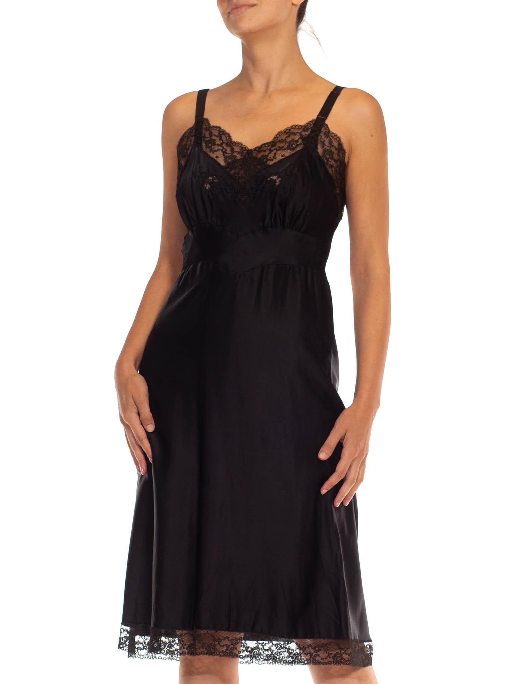 1950S Black Nylon Poly Satin & Lace Trim Slip Dress For Sale 2